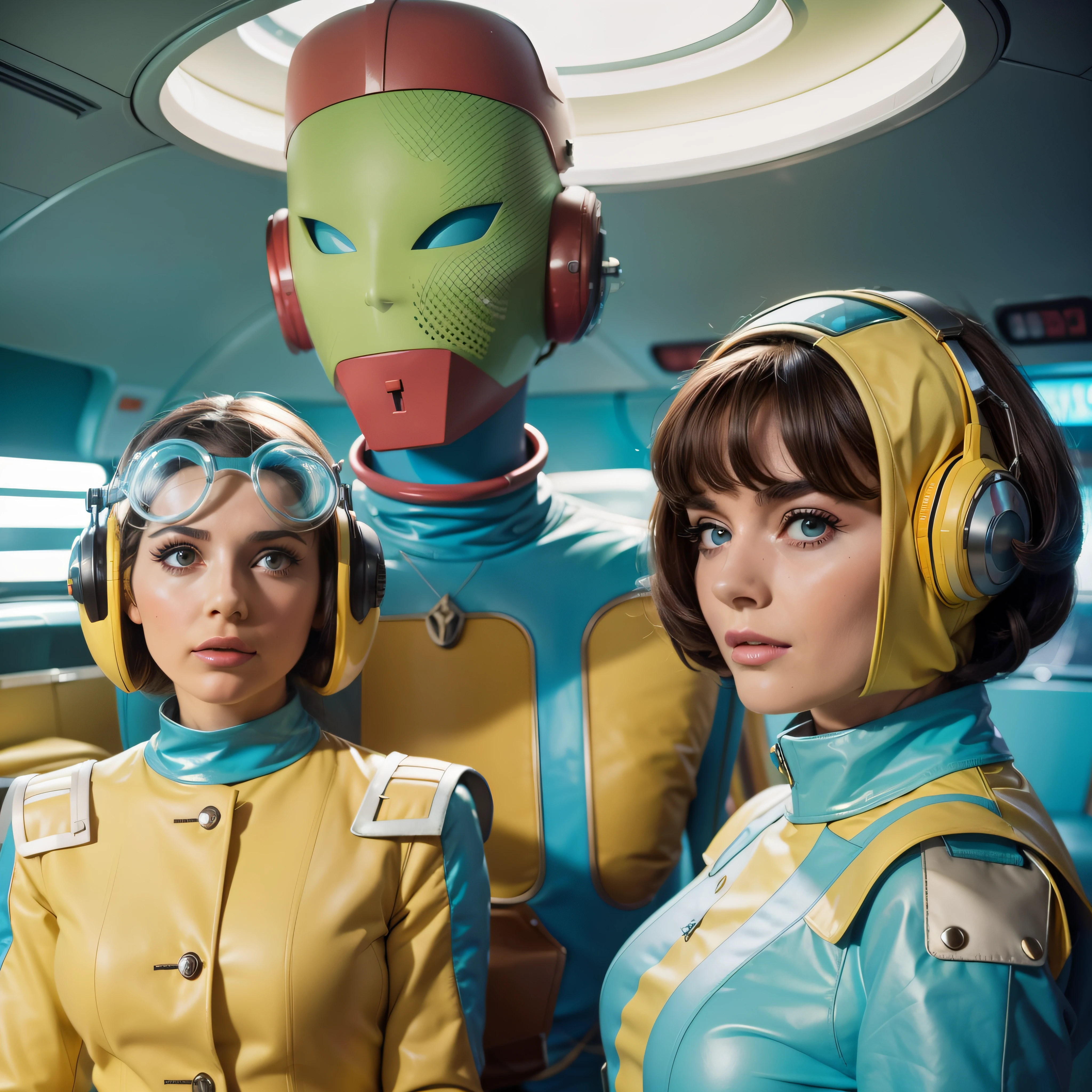 4k image of a 1960s science fiction film by Stanley Kubrick, Filme O Grande Hotel Budapeste, pastels colors, Young people wearing retrofuturistic alien masks and holding colorful suitcases and chests on the bus, Retro-futuristic fashion clothes from the 60s with old robots, Luz Natural, Psicodelia, futurista estranho, retro-futurista, photo-realistic, Sharp background details.