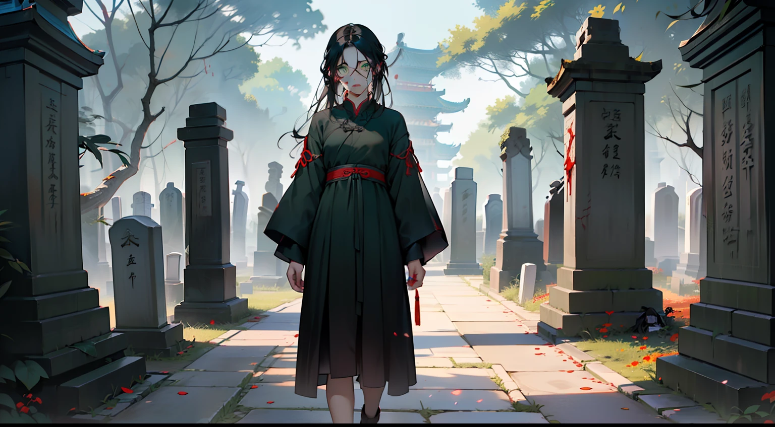 Kizi, ((Green eyes)), ((Long black hair),black color dress，white gauze, Young woman,Head down，His face turned pale，The expression is grim，terroral，Full body like，Faraway view，bleeding from the corners of her mouth，Orbital hemorrhage，Walk(Background with：A gloomy cemetery in ancient China)