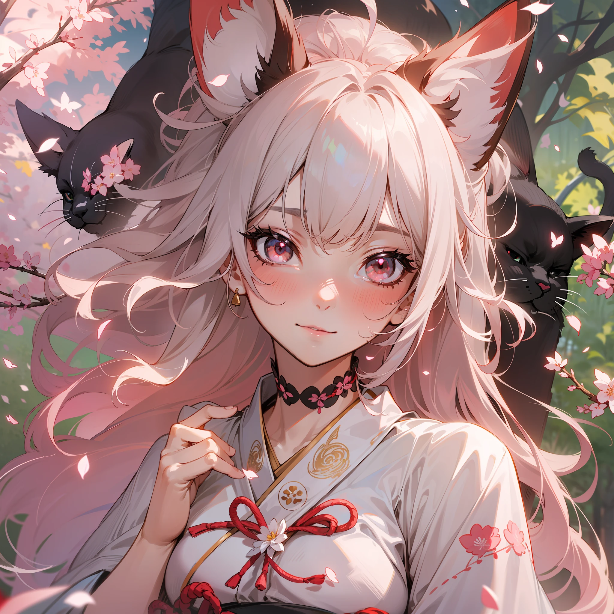 red color eyes，Bright red pupils，cabelos preto e longos，Japanese priestess costume, red kimono，white under lingerie，Dull hair，Big hazy eyes，Facial details are exquisite，Impeccable，Slightly rosy，8K, Masterpiece, 1 girl , nakeness，White body，Pink , Light pink lips, calm, Logical, Knife fan,Delicate face,dishiveredhair，Stunning anime face portrait，独奏，nigh sky，exteriors，themoon，As estrelas，Long dancing hair,starrysky，the night，Beautiful hair，Fantastic cherry blossom tree，Dream like ( Ambient lighting), Dreamy, Fantastic, (Solo: 1.2),  petals dancing,(detailed cat ears:1.3)，Black cat ears:1.1, (beautifully detailed hair:1.3), (Hollow brunette hair:1.3), Luscious waist-length hair, (multi-layered hair:1.5), (hair splayed out:1.2), beautiful-detailed facial structure, Detailed beautiful face:1.3, Sexy face, A grim face, slender facial structure, (Detailed face:1.33), Big eyes, (Detailed glowing eyes:1.1), luminous red eyes, (Detailed facial expressions:1.1), Shy, Facial smile，detailed-slight red blush, (detailed boobs:1.2), Large size chest, (Slim waist:1.1), (Slim legs:1.1), Standing full body diagram，(Firefly: 1. 2), Lamp 3), Starry sky, Torii gate,water puddles