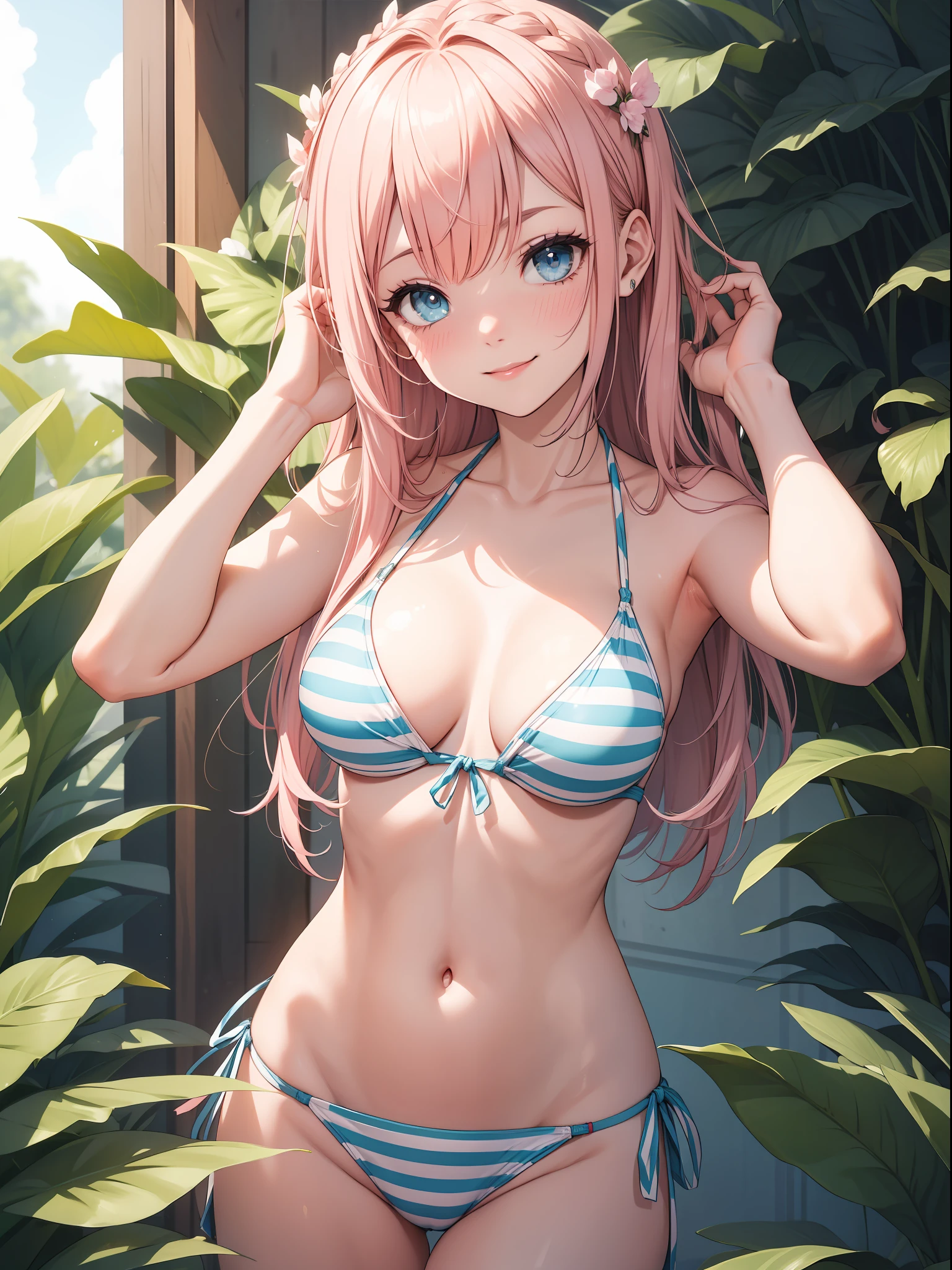 Top quality ultra-detailed CG art、Upper body naked、Bikini with vertical stripes:1.2)、sand beach、Pink hair、Glossy hair、smooth hair、large blue eyes,Mid summer、Delicate body、breasts are small、Medium Hair、short in stature、It features a simple、Hairpin、ssmile、short in stature、Wink、relax vibe、Always cheerful and popular girl、cheerful girl、Tying hair、