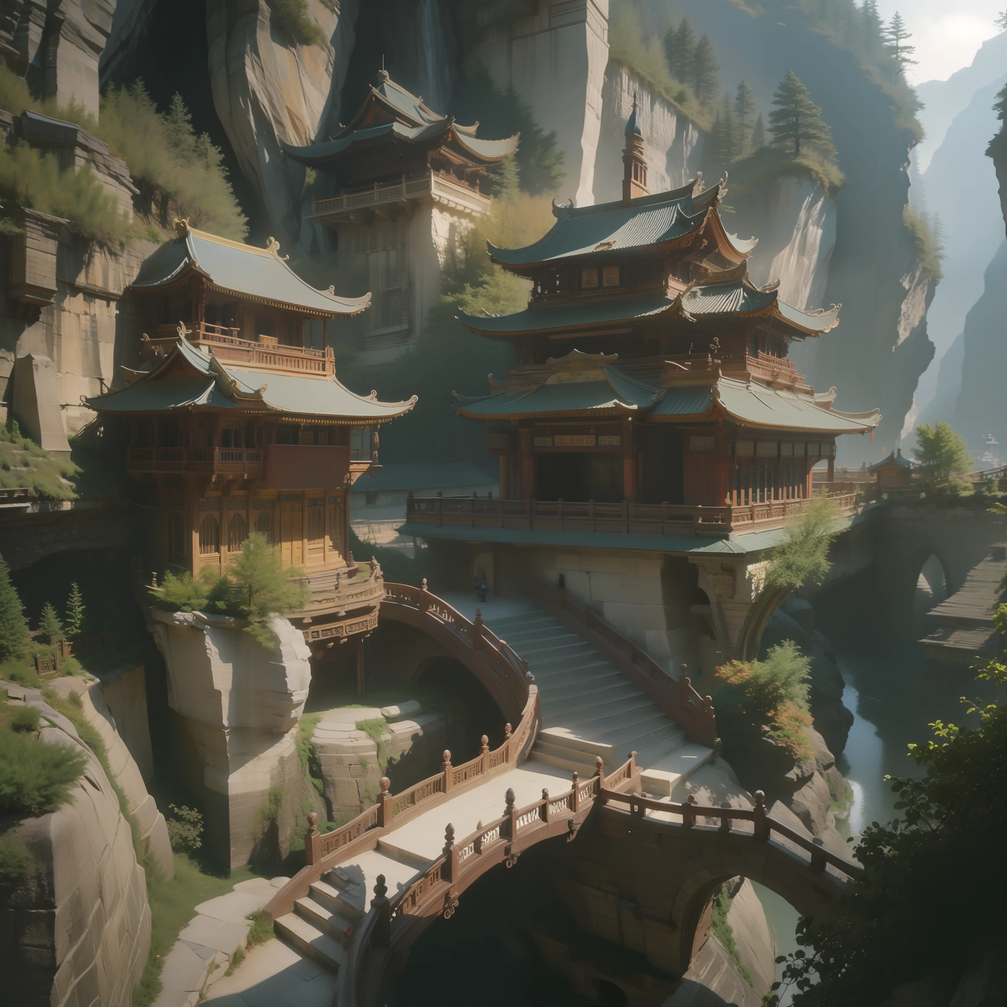 best qualtiy，tmasterpiece，超高分辨率，（Fidelity：1.4），Fantasy Chinese style large-scale building，Super detailed architectural details，Great River Canyon，and the sun was shining brightly
