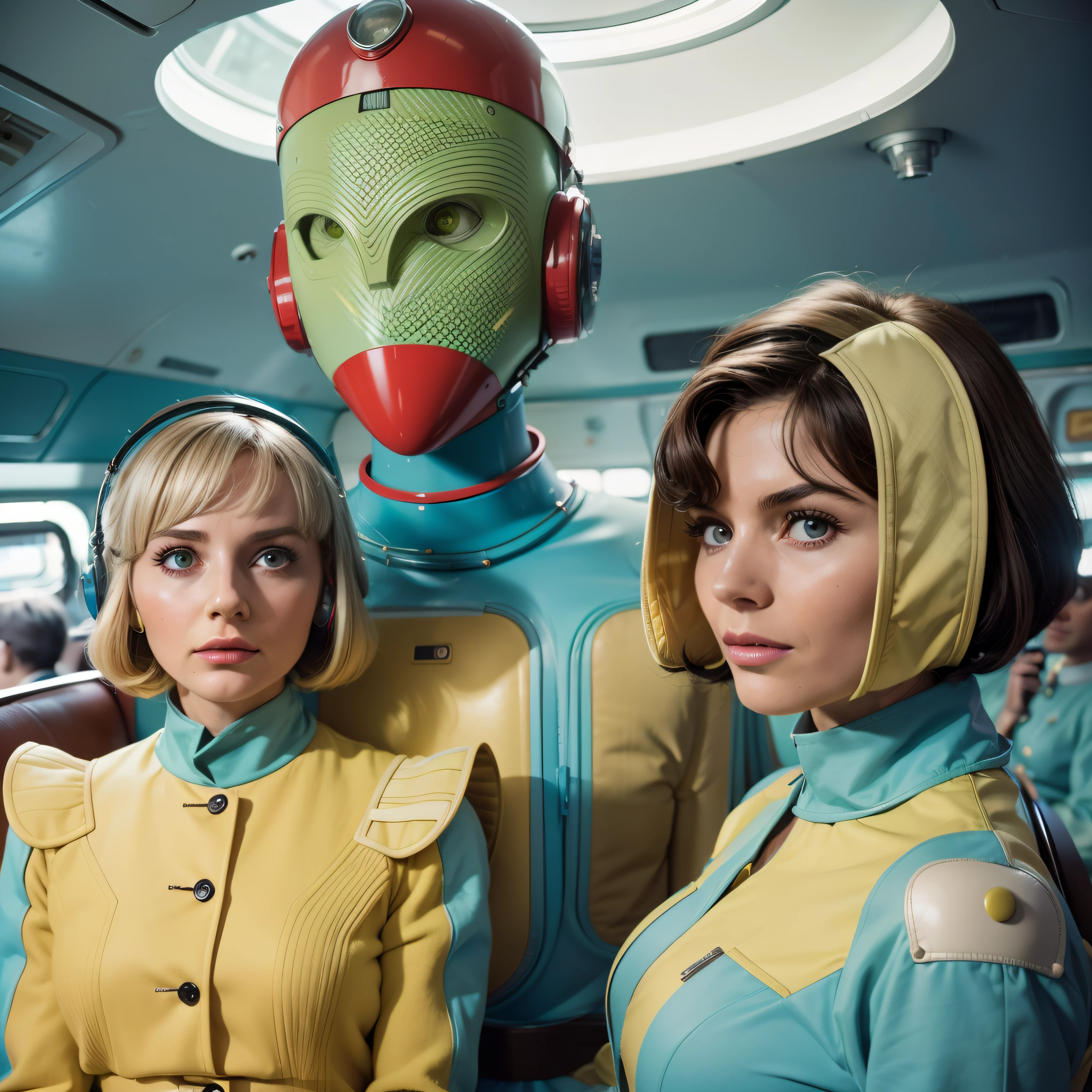 4k image from a 1960s science fiction film by Wes Anderson, Filme O Grande Hotel Budapeste, pastels colors, Young people wearing retrofuturistic alien masks and holding colorful suitcases and chests on the bus, Retro-futuristic fashion clothes from the 60s with old robots, Luz Natural, Psicodelia, futurista estranho, retro-futurista, photo-realistic, Sharp background details.