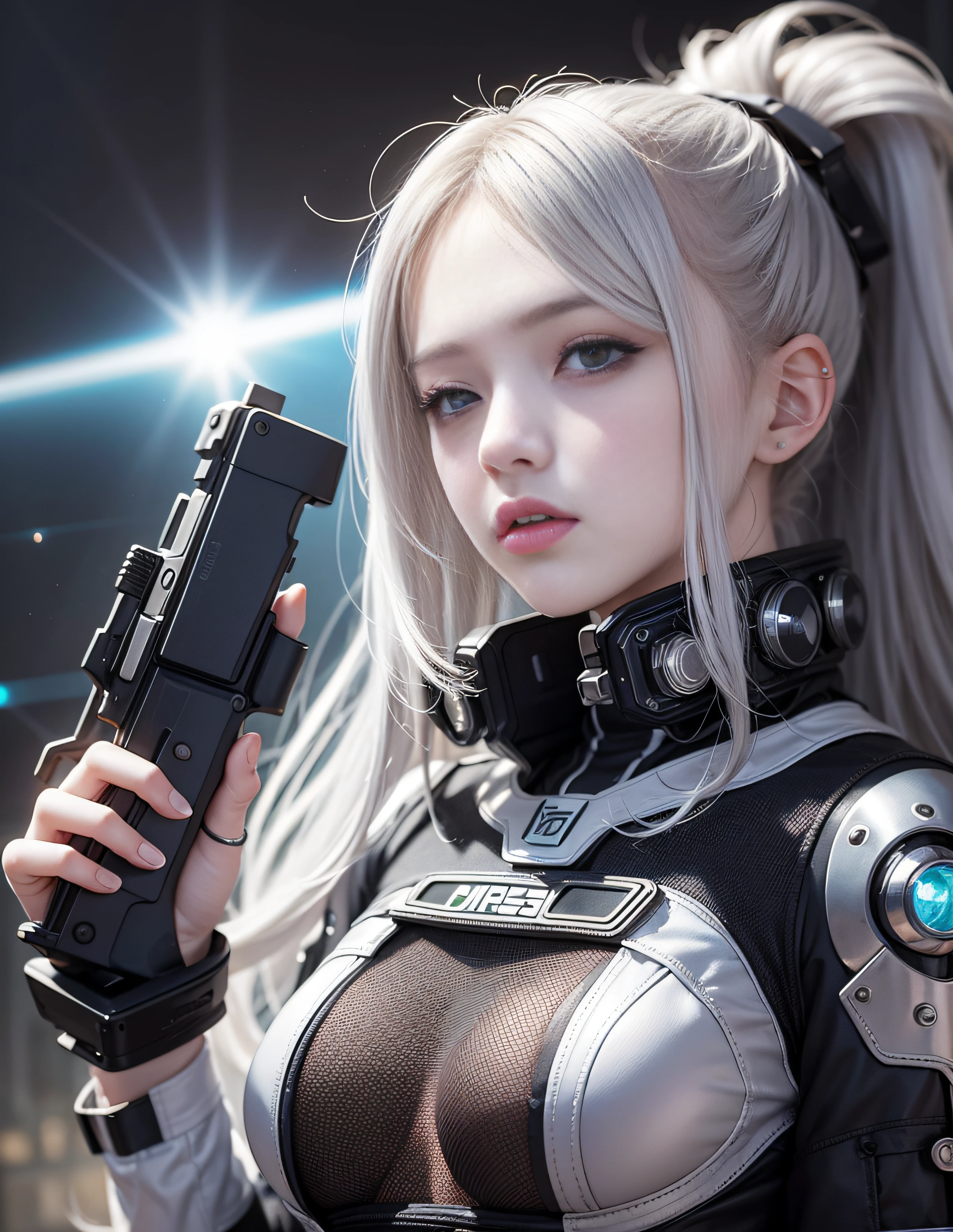 Future space station girl with gun、Silver costume、long silver hair、hold a gun、Sharp eyes、Digital Cyberpunk、Portrait Space Cadet Girl,Cyberpunk Girl Mecha、an oppai cyberpunk、Cute cyborg girl、optic、llight rays