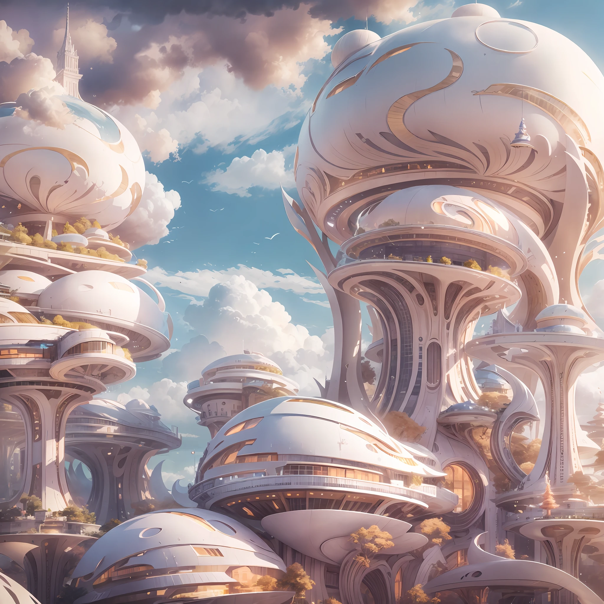Sky City, aethereal, dream magical, big breasts beautiful, detail-rich, High-resolution architecture, flowing clouds, the soft light, Multi-level depth of field, Calm atmosphere, Group sculptures, Crafted with meticulous precision, Perfectly presented, Elegant temperament