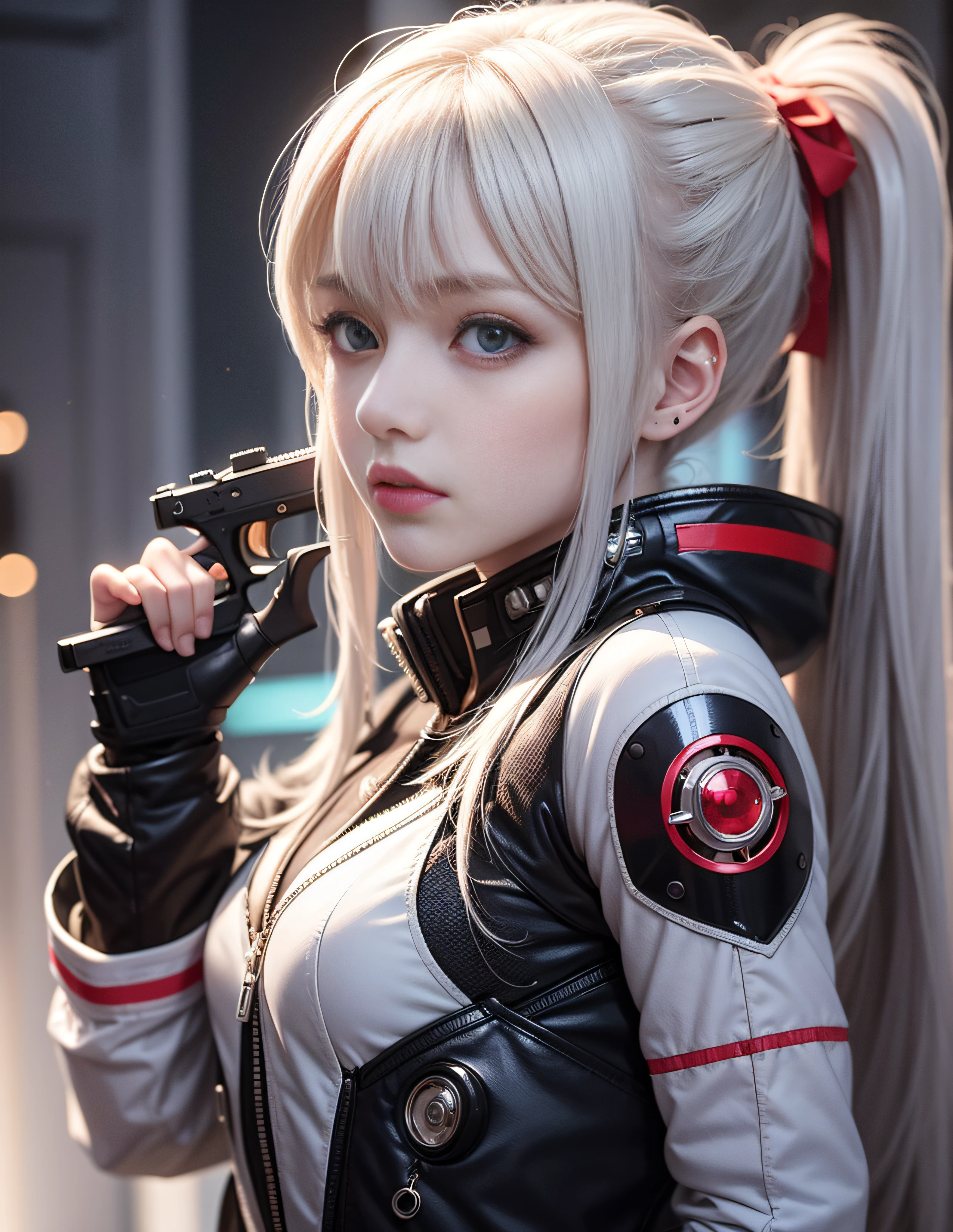 Future space station girl with gun、Silver costume、long silver hair、hold a gun、Sharp eyes、Digital Cyberpunk、Portrait Space Cadet Girl,Cyberpunk Girl Mecha、an oppai cyberpunk、Cute cyborg girl、optic、llight rays