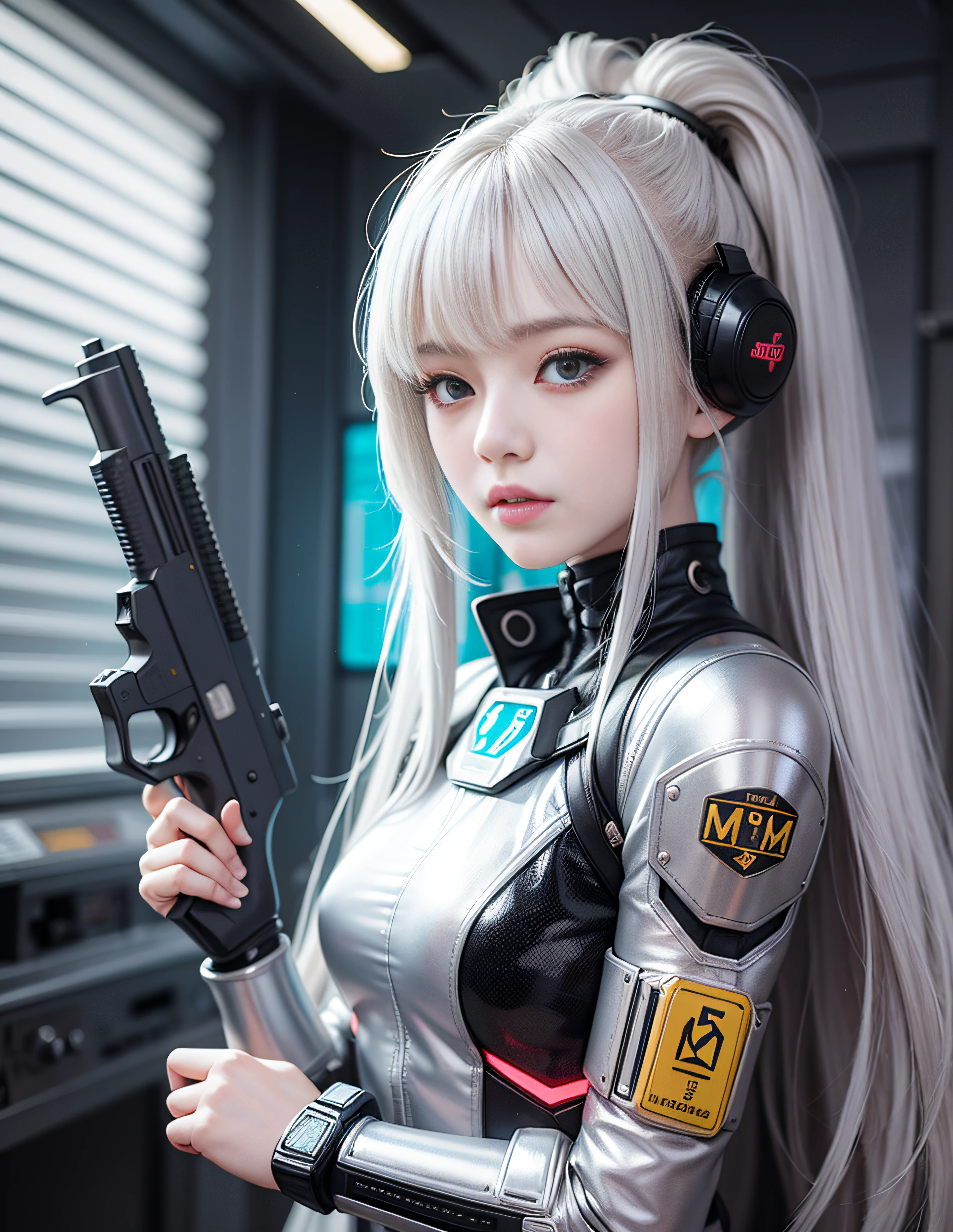 Future space station girl with gun、Silver costume、long silver hair、hold a gun、Sharp eyes、Digital Cyberpunk、Portrait Space Cadet Girl,Cyberpunk Girl Mecha、an oppai cyberpunk、Cute cyborg girl、optic、llight rays