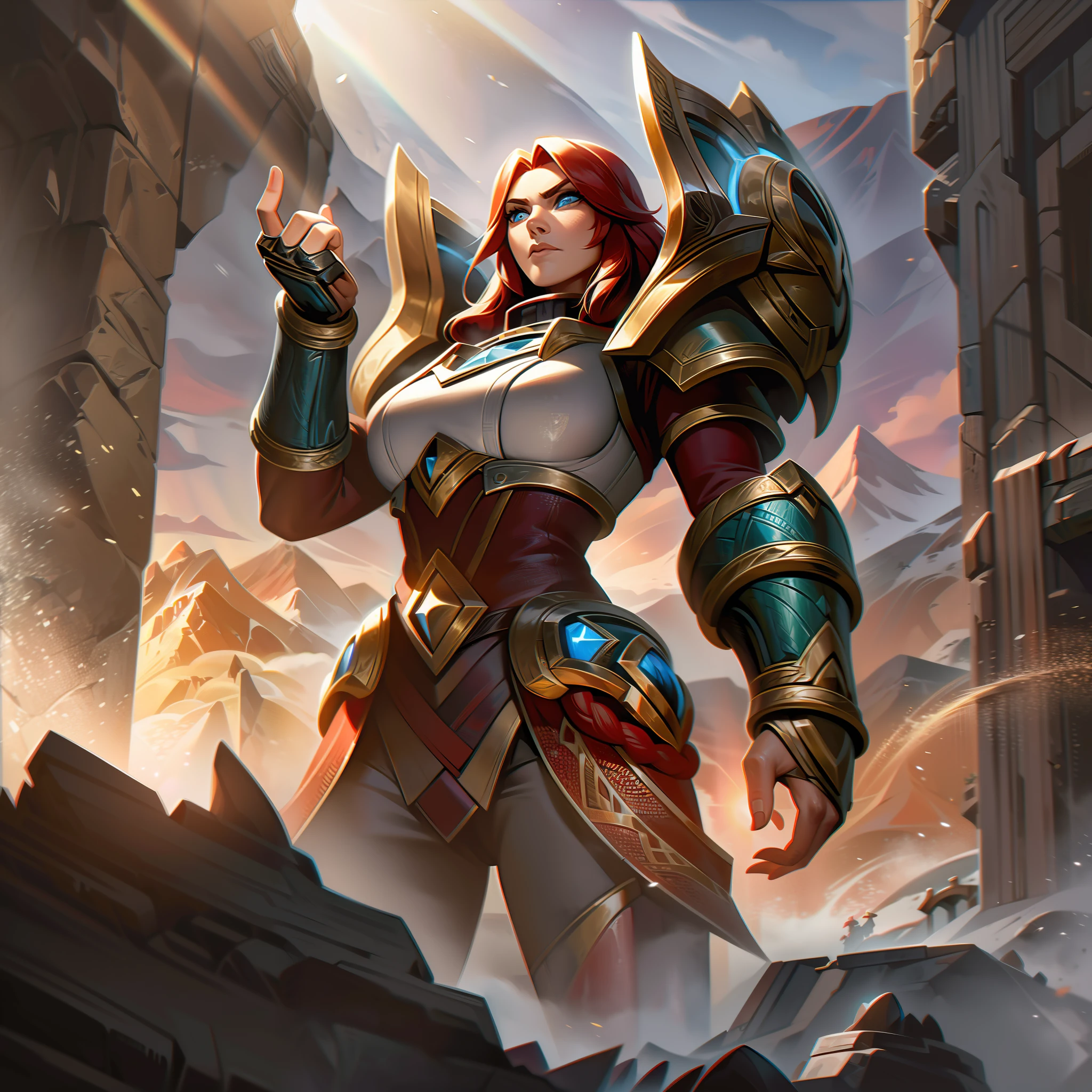 In the majestic splash art of the base skin "Ironforge Astrid," a breathtaking scene unfolds against the backdrop of a soaring mountain range in Lerquoish. Astrid, the dwarven warrior, stands resolute at the forefront, clad in intricately crafted armor, reflecting the light of the setting sun. Her mighty hammer, Hauras' Vengeance, is gripped firmly in her hands, bearing the marks of countless battles. The sun's rays dance upon her fiery red beard, and determination gleams in her piercing blue eyes. Around her, the mountains bear witness to the strength and resilience of her people, while ancient runes etched into the stone whisper tales of legends long past. The entire painting exudes a sense of enduring pride and indomitable spirit, as Astrid prepares to face the challenges that lie ahead in the Chronicles of Chrysogi.