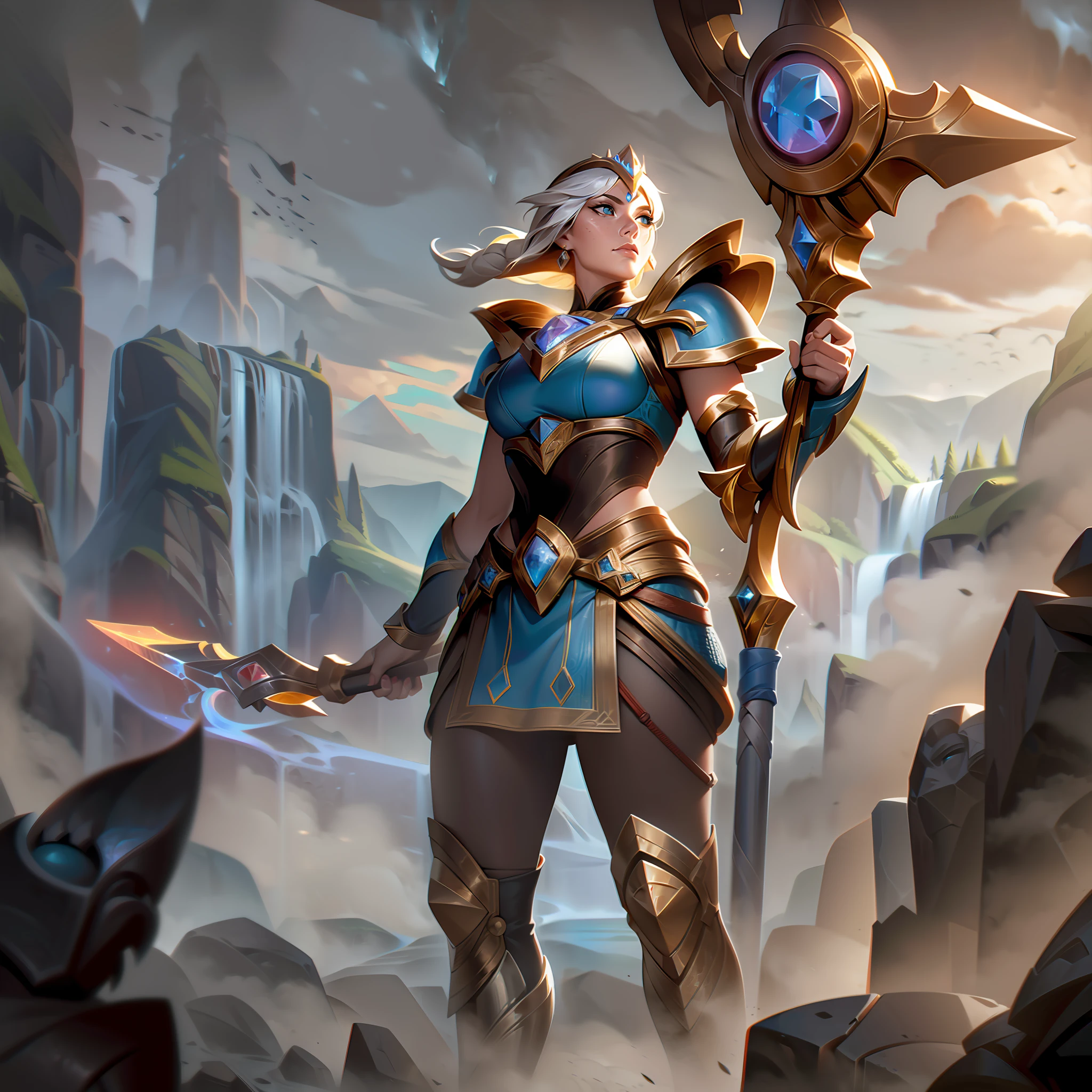 In the base skin splash art of "Ironforge Astrid," the mighty dwarven warrior stands tall and resolute amid the majestic Lerquoish mountains. Clad in intricately crafted, glistening dwarven armor, Astrid wields her legendary hammer, "Hauras' Vengeance," which emanates a faint, fiery glow, hinting at the raw power it harnesses. Her sturdy frame exudes determination, and her piercing blue eyes reflect her unwavering loyalty to her realm. The cascading waterfall in the background echoes the strength of her spirit, while the forge fires burning in the distance symbolize her connection to Hauras, the Forgekeeper. The sunlight breaks through the clouds, casting a radiant glow on Astrid, signifying her role as a beacon of hope amidst the looming storm, and the emblem of Lerquoish emblazoned on her chestplate serves as a testament to her people's legacy. The base skin splash art encapsulates Astrid's indomitable spirit and the vastness of her quest to protect Lerquoish and bring harmony to the realms of Chrysogi.