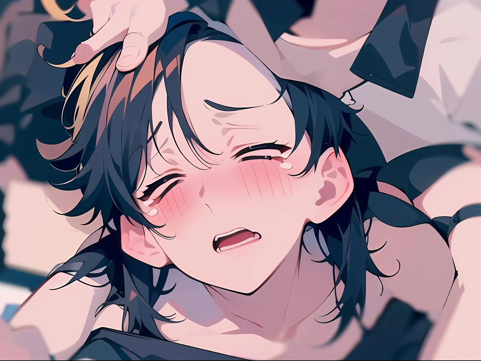 two young people,grieves+,Ground+Close-up,Comic rendering,Fresh and simple,tearful。