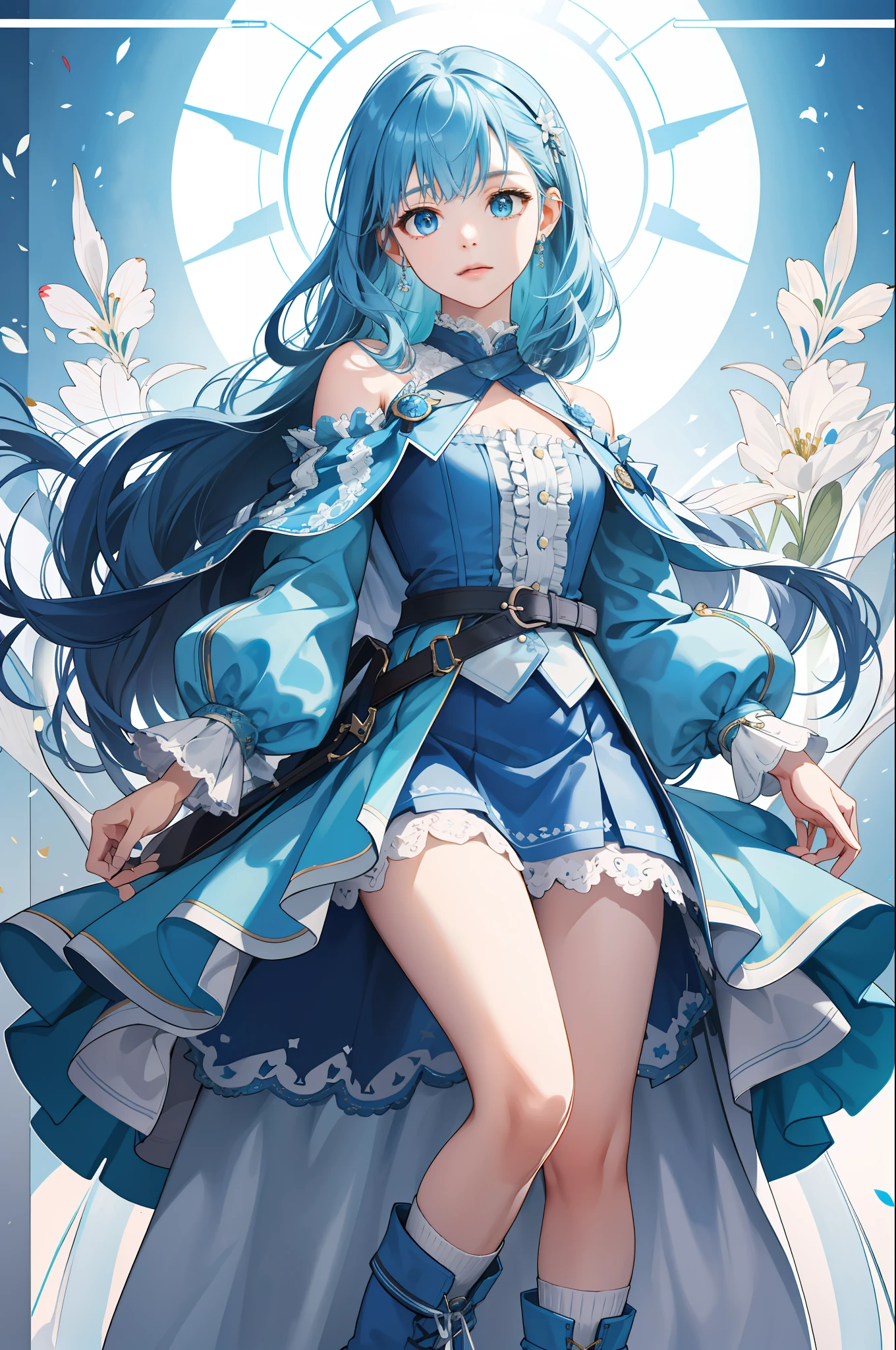 high high quality,tmasterpiece,Delicate facial features,Delicate hair,Delicate eyes,Two-dimensional girl,Long light blue hair,blue colored eyes,skirt with frills,Blue and white lace dress,Dreamy style, fantasy style clothing, The clothes are blue and white and off-the-shoulder,Blue and white belt,Short blue skirt,White socks,Blue high boots,infinite details,The proportions are correct,Picture quality HD,full bodyesbian,MagazineCover,8K high quality detailed art(Delicate facial portrayal)(Fine hair portrayal)(highest quality)(Master masterpieces)(High degree of completion)(a sense of atmosphere)8k wallpaper,tmasterpiece,Best quality at best,ultra - detailed