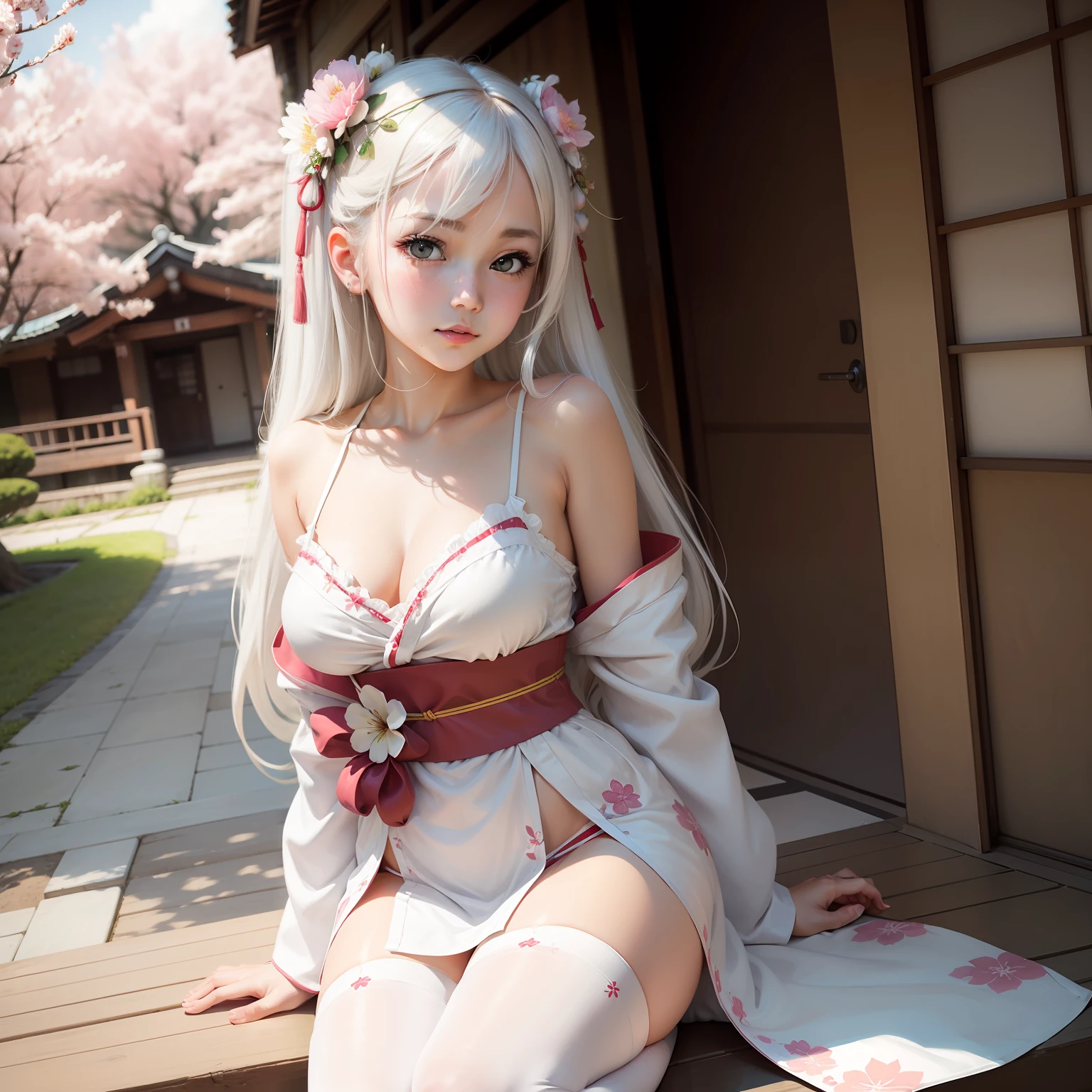 ((best qualtiy)), Beautiful portrait of a genki girl，Sweet girl，Beth，the cherry trees，exteriors，Faraway view，White hair，with brown eye，Bare thighs，Japanese anime，White robe，Wear flower-shaped hairpins，There are flower-shaped ornaments around the waist，Face the Japanese，white stockings，adolable，anime figure，Don't be modern，