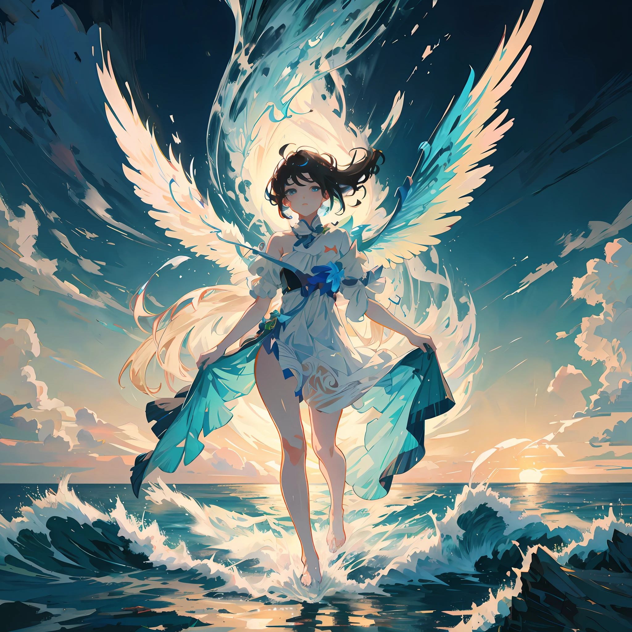 Anime - Stylistic image of a woman in the water in a dress and wings, Digital art on Pixiv, Anime art wallpaper 4k, Anime art wallpaper 4 K, trending on artstation pixiv, Beautiful anime artwork, Anime art wallpaper 8 K, Makoto Shinkai Cyril Rolando, Anime girl walking on water, Anime fantasy illustration, pixiv contest winner，Firefly moonshine