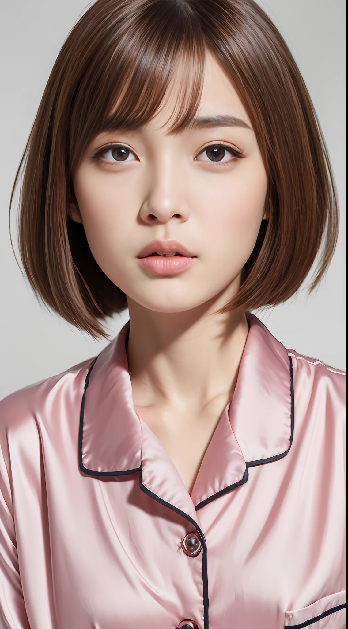 masterpiece:,top-quality,hight resolution,Photorealsitic,Raw photo,shinny skin,Japan women,big eye,drooing eyes,lipgloss,Pink mouth,faces,独奏,Satin Pajamas,short-haired with bangs,