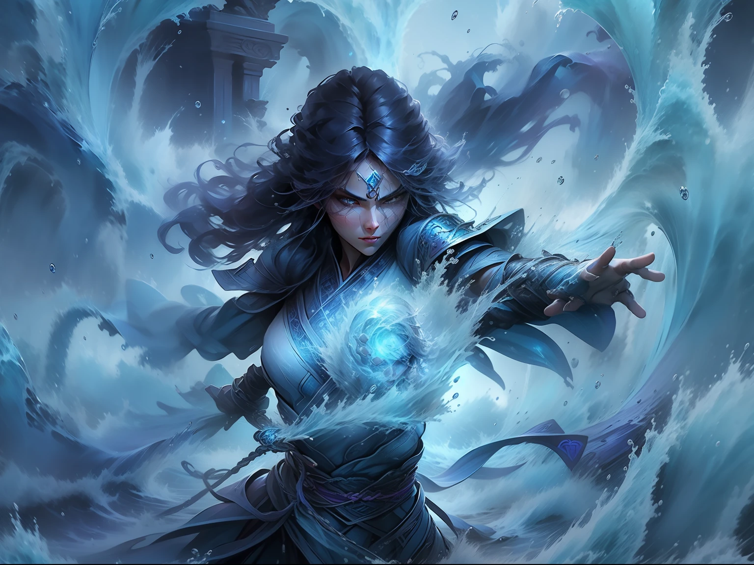 The goddess of water, in dynamic attitude, unleash the power of water, with whips of water surrounding and whirling out of her perfect body. The has wet long dark purple messy hair and a silver armour over a blue tunic. Dynamic pose, energic, she shouts with determination. Highly detailed.