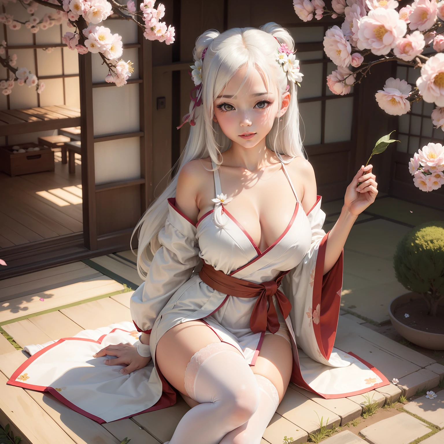 ((best qualtiy)), ((tmasterpiece)), (the detail:1.4), Beautiful portrait of a genki girl,Sweet girl,Beth,the cherry trees,exteriors,Faraway view,White hair,with brown eye,Bare thighs,Japanese anime,White robe,Wear flower-shaped hairpins,Fan in hand,There are flower-shaped ornaments around the waist,Face the Japanese,white stockings