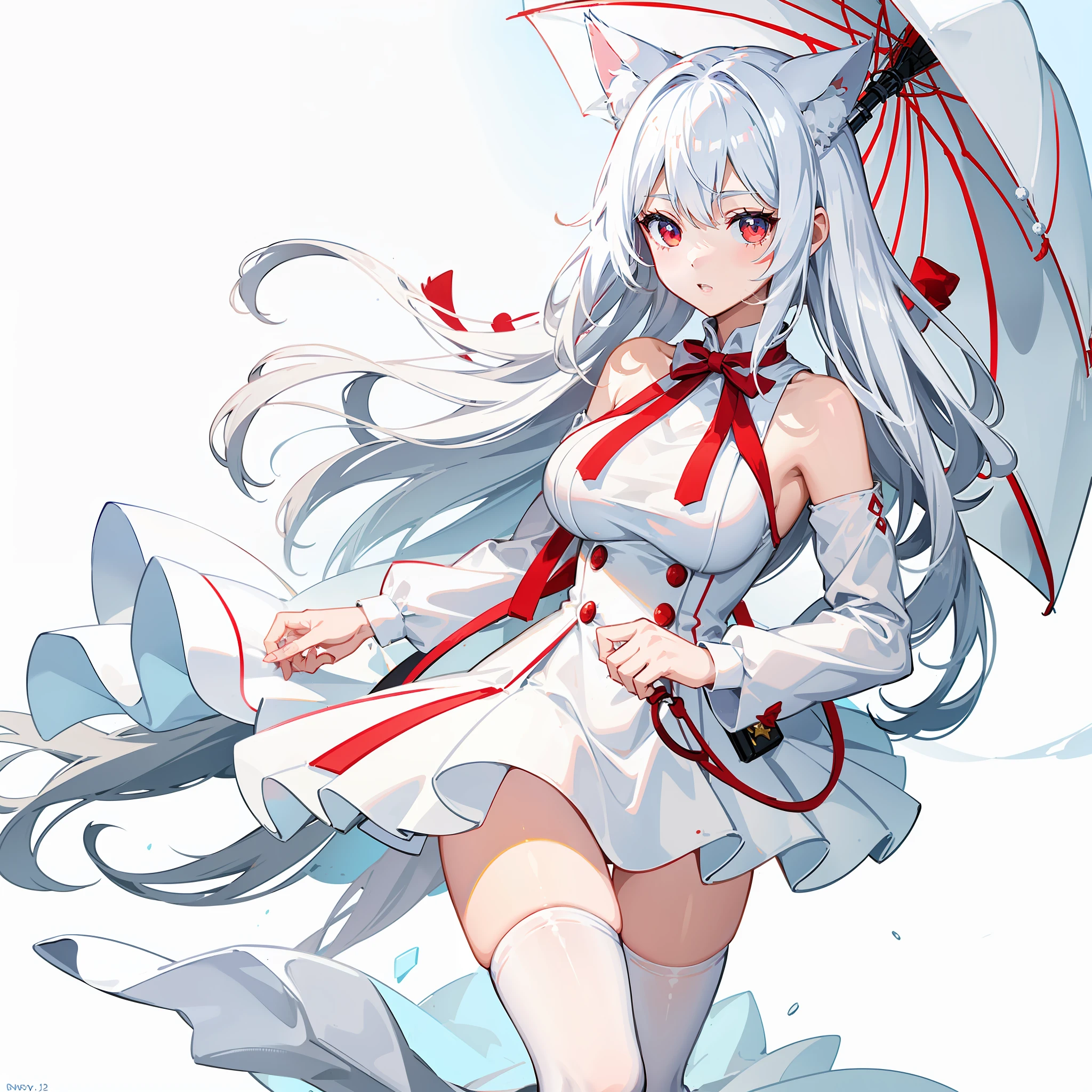 white color hair,anime big breast,s girl,White cat ears,nevando,Hit the red umbrella,red color eyes,snowfield,white stockings,Red witch costume