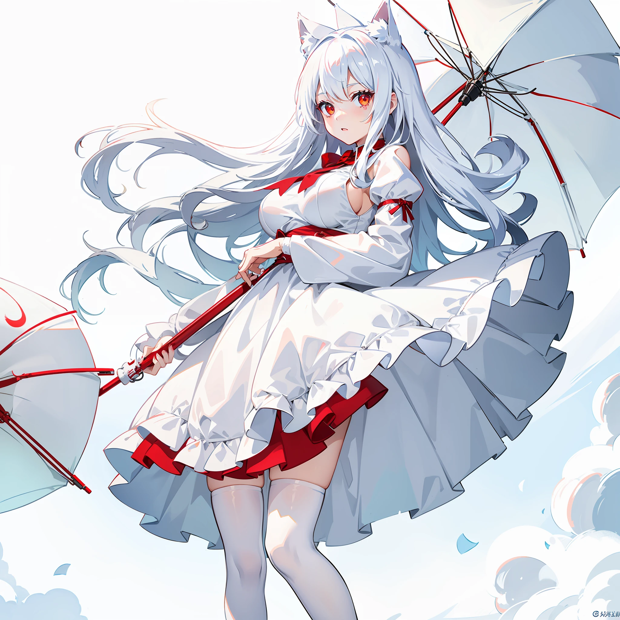 white color hair,anime big breast,teens girl,White cat ears,nevando,Hit the red umbrella,red color eyes,snowfield,white stockings,Red witch costume
