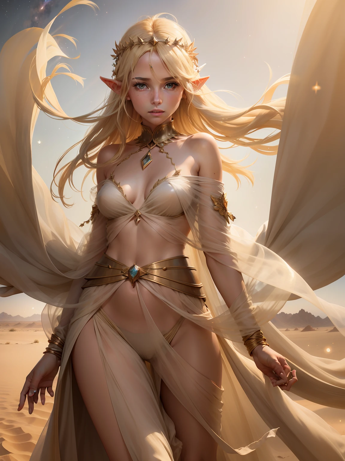 A graceful blonde  elf girl, full body a desert nomad, strides across the sand, her translucent gossamer clothes billowing in the wind, the stars twinkling in the night sky.