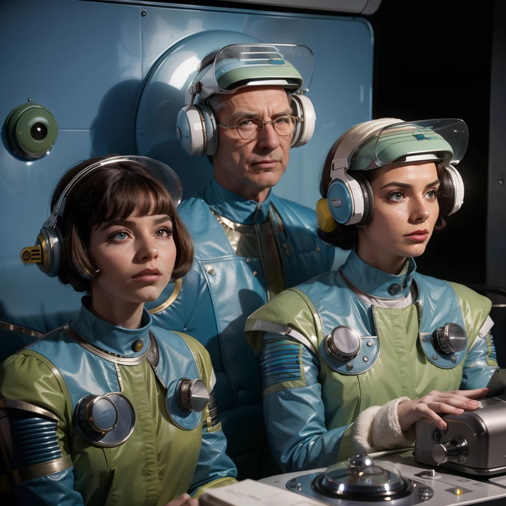 4k image from a 1960s science fiction film by Wes Anderson, Filme O Grande Hotel Budapeste, pastels colors, Young people wearing retrofuturistic alien masks and holding colorful suitcases and chests on the bus, Retro-futuristic fashion clothes from the 60s with old robots, Luz Natural, Psicodelia, futurista estranho, retro-futurista, photo-realistic, Sharp background details.