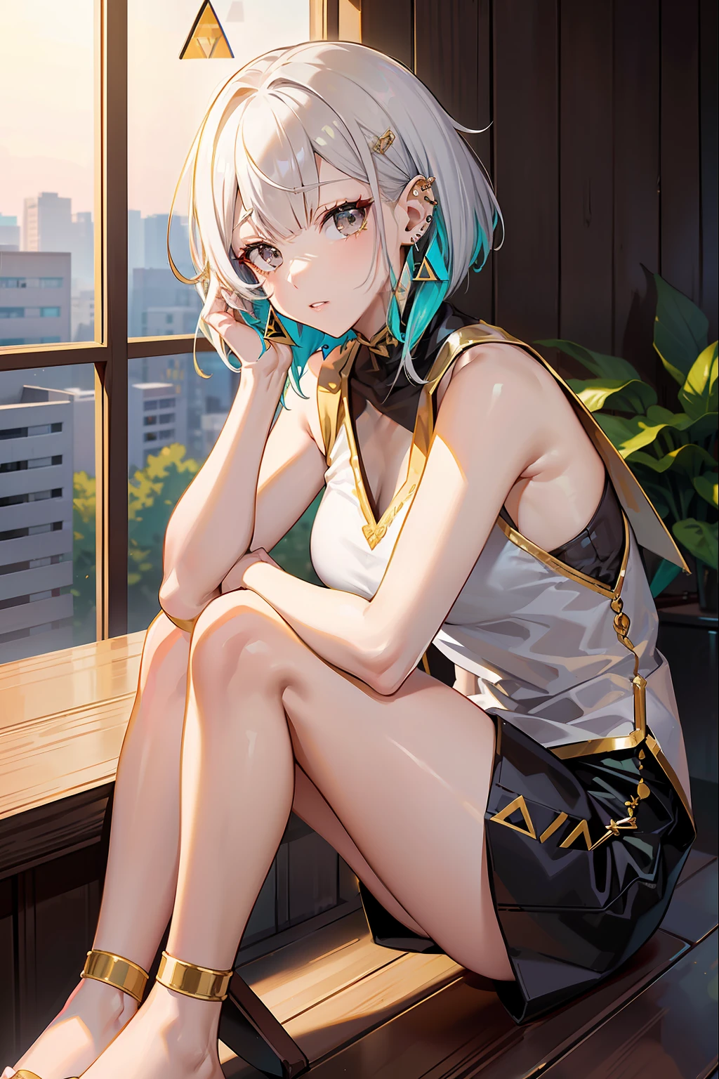 masutepiece, Best Quality, masutepiece,Best Quality,officlal art,the Extremely Detailed CG Unity 8K Wallpapers, Short hair, (White hair:1.2), (Gray eyes:1.4), Small breasts, Sleeveless shirt, shortpants, knee high, ((shorth hair)), Gradient Hair,(asymmetrical bangs:1.2), Dyed bangs, lucy \(cyberpunk\), 1girl, (Emerald inner hair:1.2), short hair with long locks, 独奏, (triangle earrings:1.4, golden earrings:1.5), (hair pin:1.0), multicolored eyes, O cabelo multicolorido, s lips、Parting lips, Emerald green eyeliner,