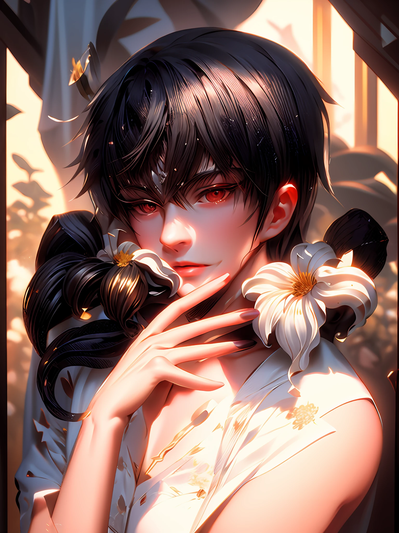 anime drawing of a woman with a flower in her hand, red irises and a slim face, handsome japanese demon boy, inspired by Okumura Masanobu, eren yeager, inspired by Bian Shoumin, soft anime illustration, zerochan art, inspired by Itō Ogura Yonesuke, by Ni Zan, by Kamagurka,, beautiful line art, detailed manga style, extremely fine ink lineart,exquisite line art, perfect lineart,exquisite line art, exquisite digital illustration, detailed digital drawing,digital anime illustration, a beautiful artwork illustration, detailed matte fantasy portrait, beautiful line art, great digital art with details, goddess. extremely high detail, 4k detailed digital art, stunning digital illustration, digital fantasy illustration,((Best quality)), ((masterpiece)), (detailed:1.4), 3D, an image of a beautiful female,HDR (High Dynamic Range),Ray Tracing,NVIDIA RTX,Super-Resolution,Unreal 5,Subsurface scattering,PBR Texturing,Post-processing,Anisotropic Filtering,Depth-of-field,Maximum clarity and sharpness,Multi-layered textures,Albedo and Specular maps,Surface shading,Accurate simulation of light-material interaction,Perfect proportions,Octane Render, Two-tone lighting,Wide aperture,Low ISO,White balance,Rule of thirds,8K RAW,subsurface scattering, best ratio of four fingers and one thumb