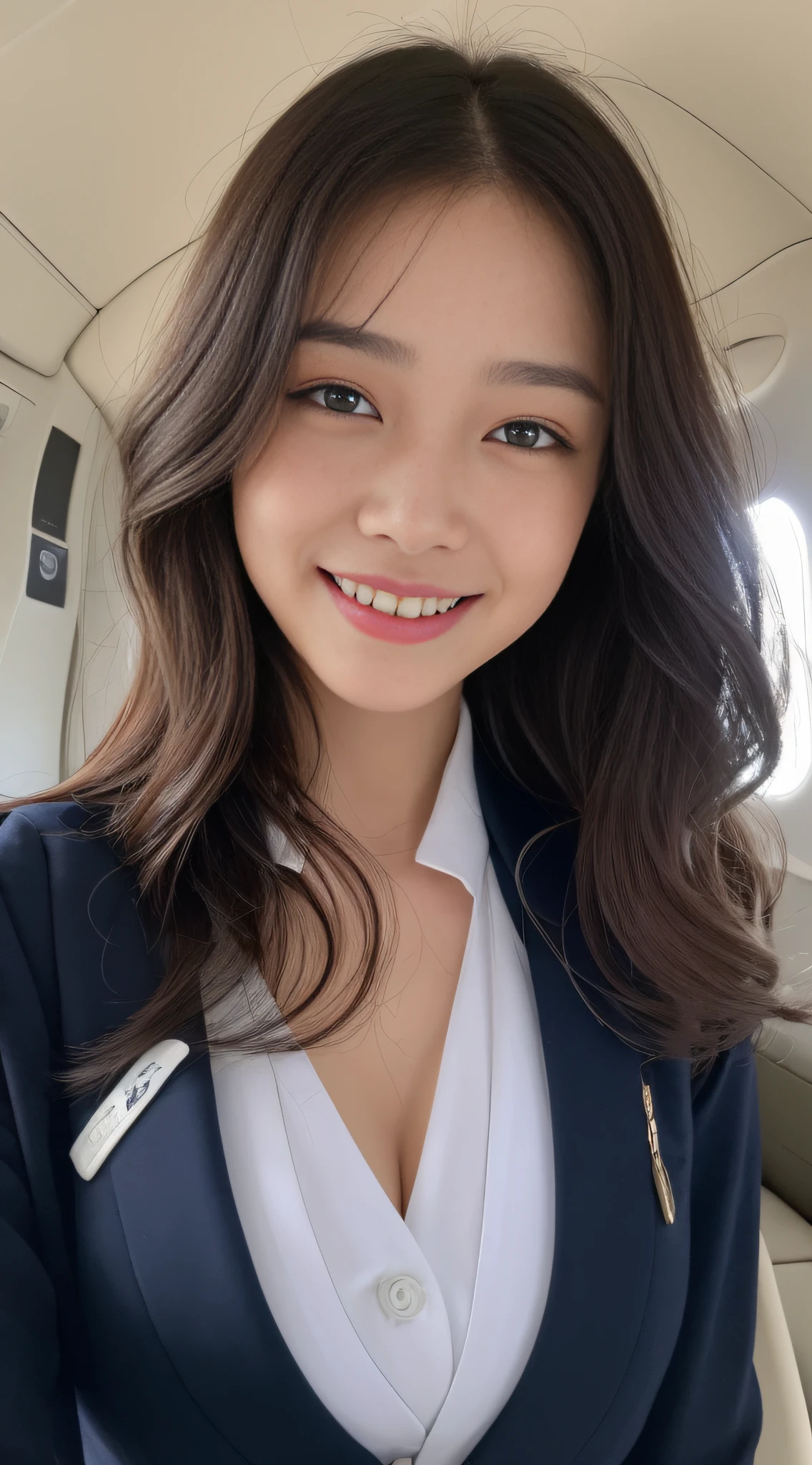 ((top-quality、8K、masterpiece:1.3))、sharp:1.2、Perfect Body Beauty:1.4、Slim abs:1.2、((Colossal tits:1.2))、(Cabin Attendant Uniform:1.1)、(Airplane First Class:1.2)、Beautiful face、Wavy Hair、Highly detailed facial and skin texture、A detailed eye、二重まぶた、Aspect of looking at the camera、A smile