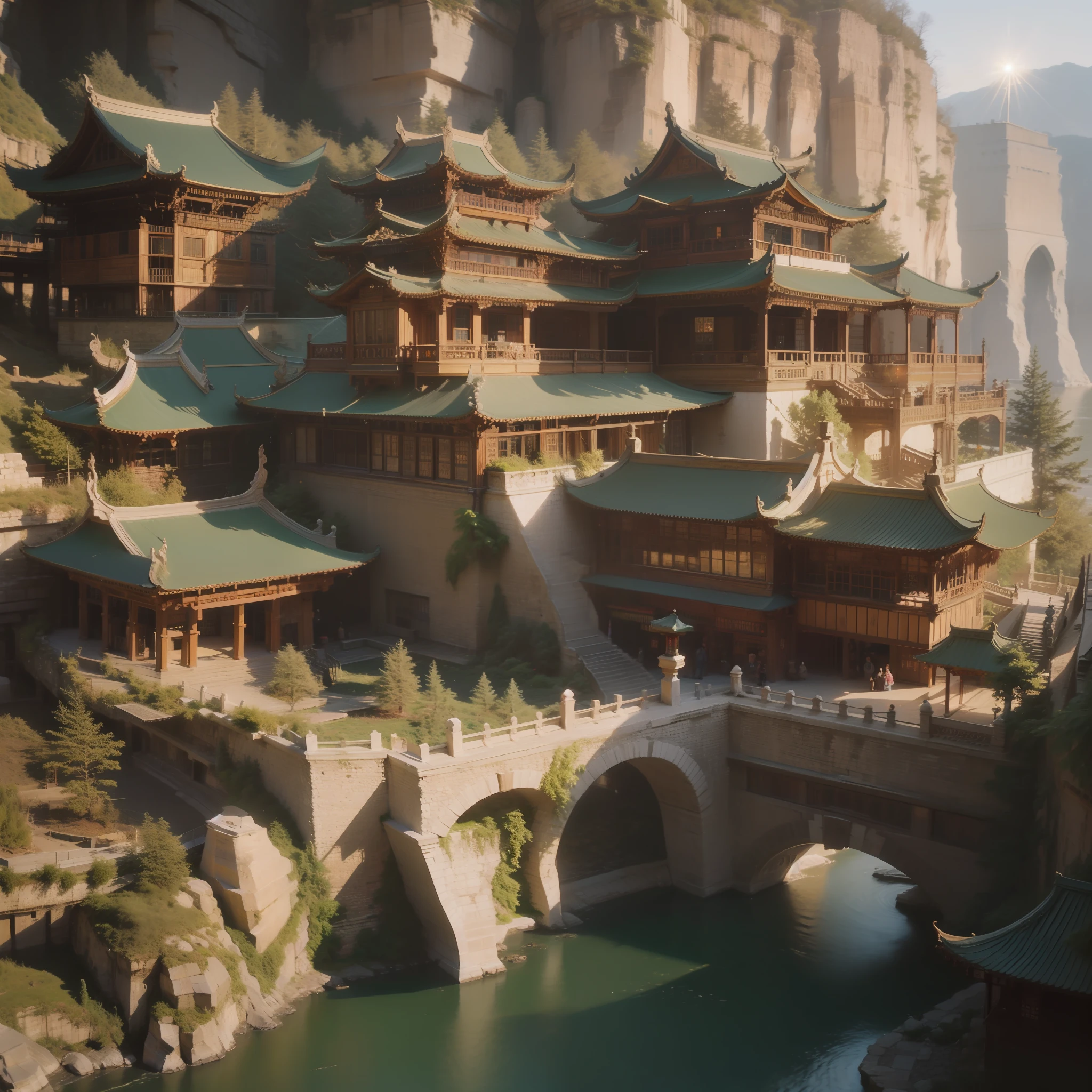 best qualtiy，tmasterpiece，超高分辨率，（Fidelity：1.4），Fantasy Chinese style large-scale building，Super detailed architectural details，Great River Canyon，and the sun was shining brightly
