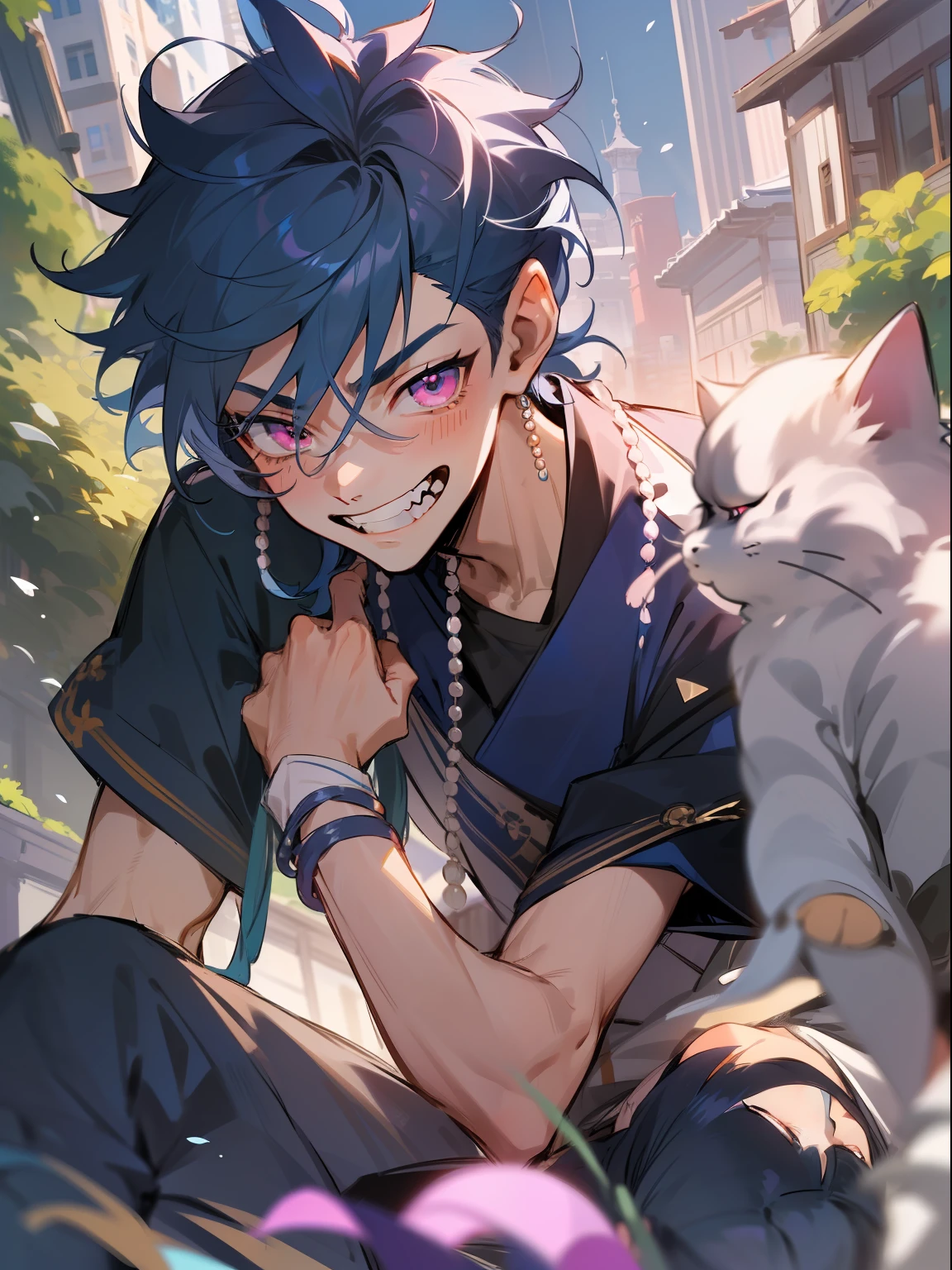 Ultra Detail,Haig Quality,sketch,1boy,matured male,Beautiful face,(Navy blue hair,Outer hair:1.3),Handsome men,Pearl skin,black tshirt,Moss Green Mod Court,Dynamic Angle,Japan Anime,Pink eyes,Laugh,Like a cat's eye,city,male in his 20s,