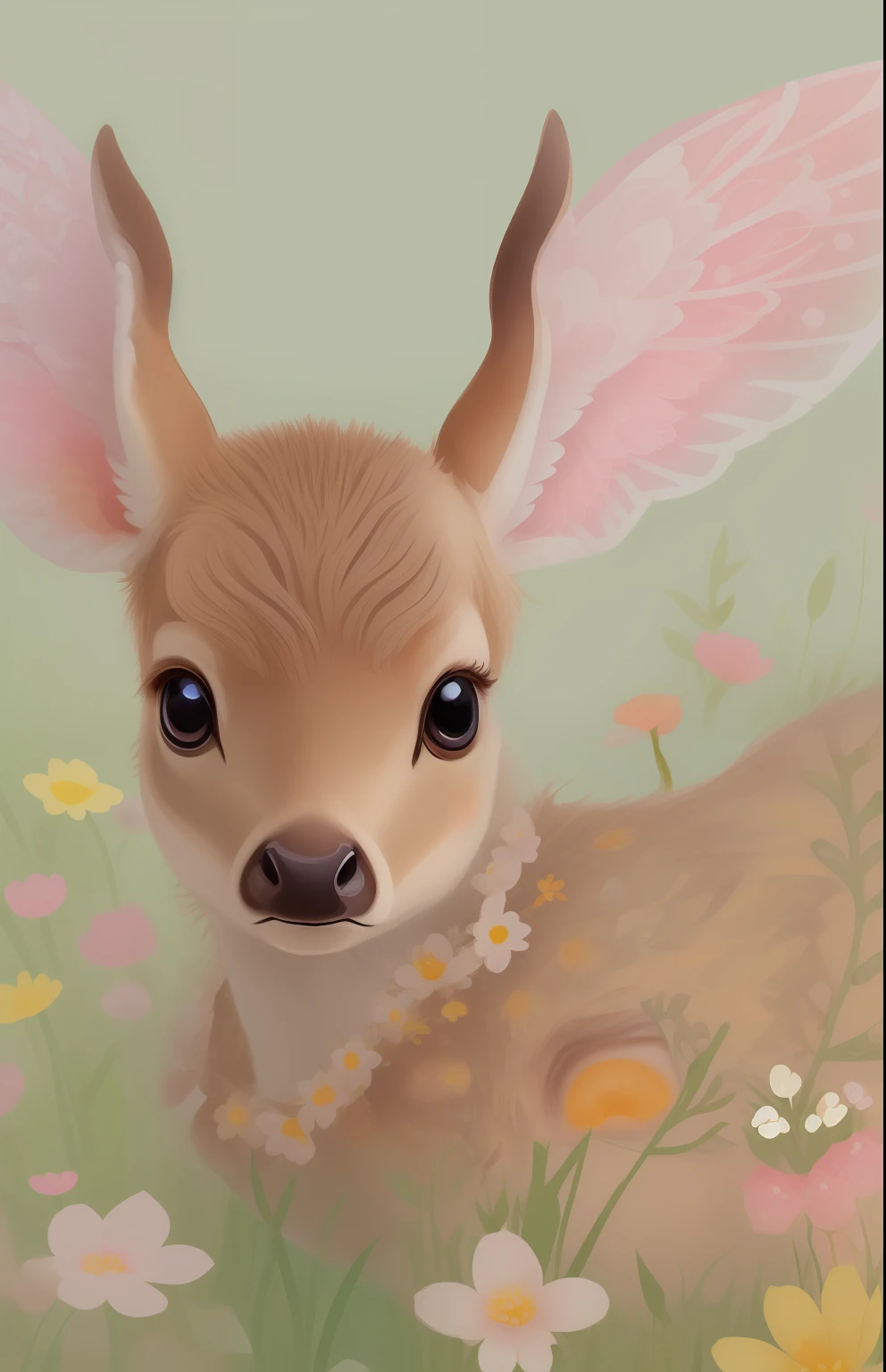Cute baby deer drawing surrounded by beautiful flowers in meadow、Wings grow on the back of a deer、8k resolution concept art(intricate-detail:1.2)、beautidful eyes、sunlights、(hightquality:1.2)、Trending on ArtStation、8K、absurderes、Chibi、very detailed fur、(a closeup:1.1)