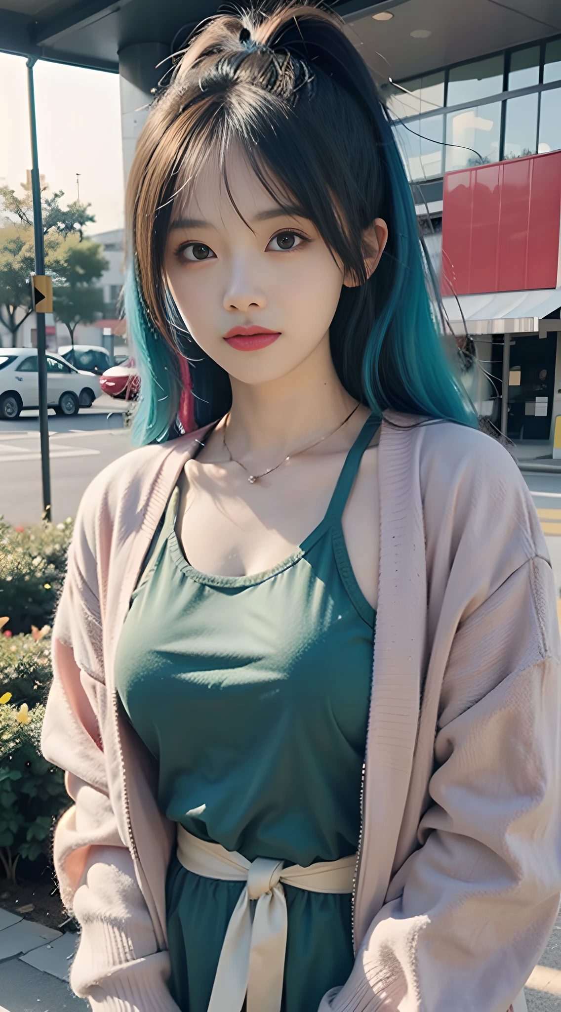 Ultra clear 8k,Close-up of a man with colorful hair and jacket, anime-inspired, anime vibes, Anime style mixed with Fujifilm, The young lady who shows her chest does not miss a spot,A little tattoo on the neck,Beautiful anime style, style of anime, Style anime, Anime figure; Half-body art, animeaesthetic, Anime style, Anime girl with teal hair, cute colorful adorable, rossdraws pastel vibrant, Anime girl cosplay, anime styled digital art