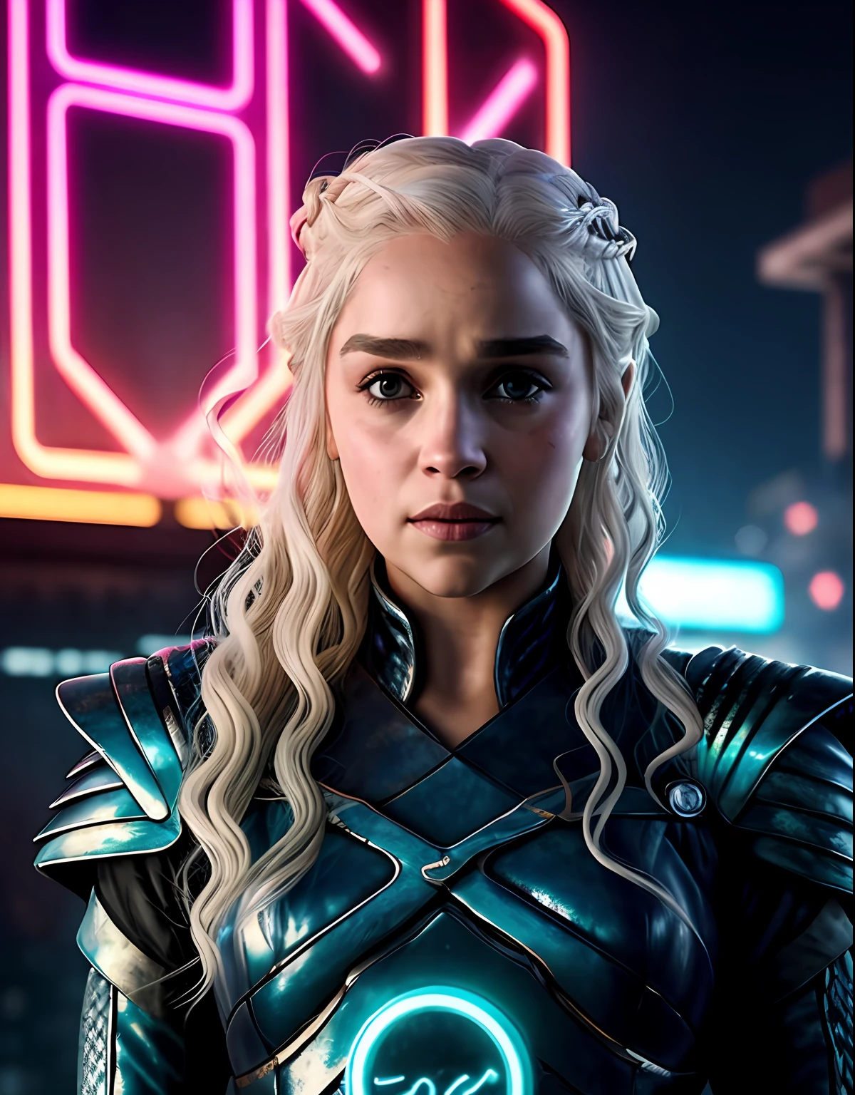 Close-up, foto crua de Daenerys Targaryen, Cidade Cyberpunk movimentada com placas de neon, altamente detalhada, arts station, liso, foco nítido, 8k, trending in instagram, Trending on Tumblr, HDR 4K, 8k