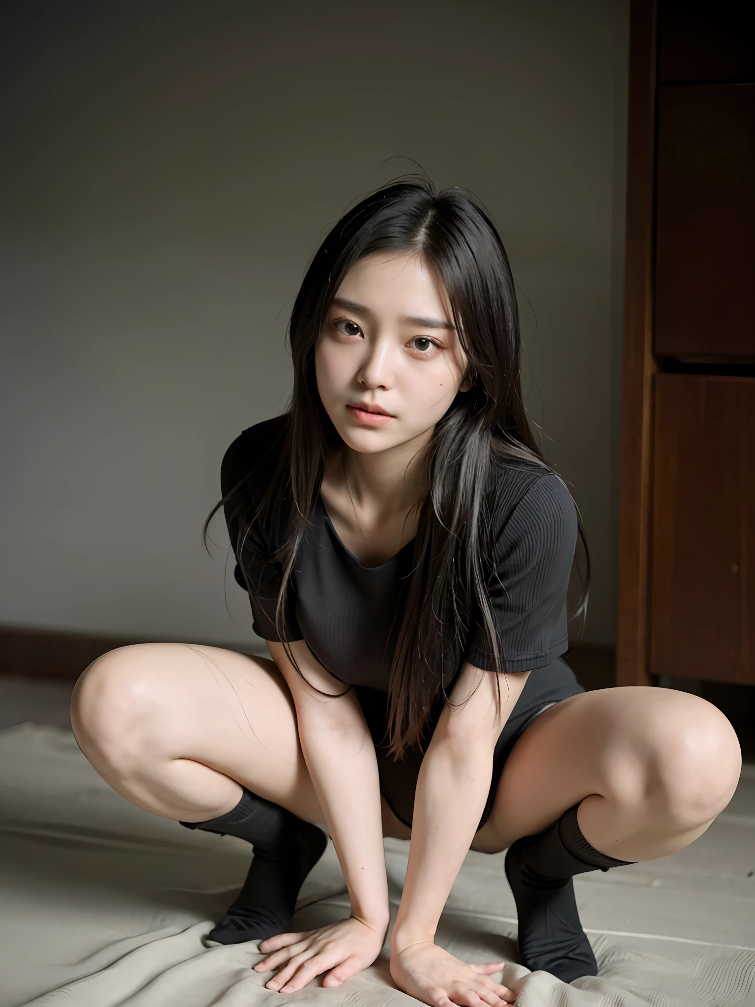 Move the center of gravity back，Feet forward with your hands outstretched，put both feet in the hand circle，very embarrassed，with no underpants，leotard skirt，knees at 90 degrees，hands in front of your feet，kneeling down，pedestrian walkway，RAW photos，8K，HighestQuali， 超高分辨率，Beautiful face details，Real human skin，Gentle expression，up front view，From the angle below，long whitr hair，realisticlying，realisticlying，adolable，short  skirt，Squatting deep in the city，cute female student，Surreal 18 year old girl，full bodyesbian，Solid black short sleeves，thick leg