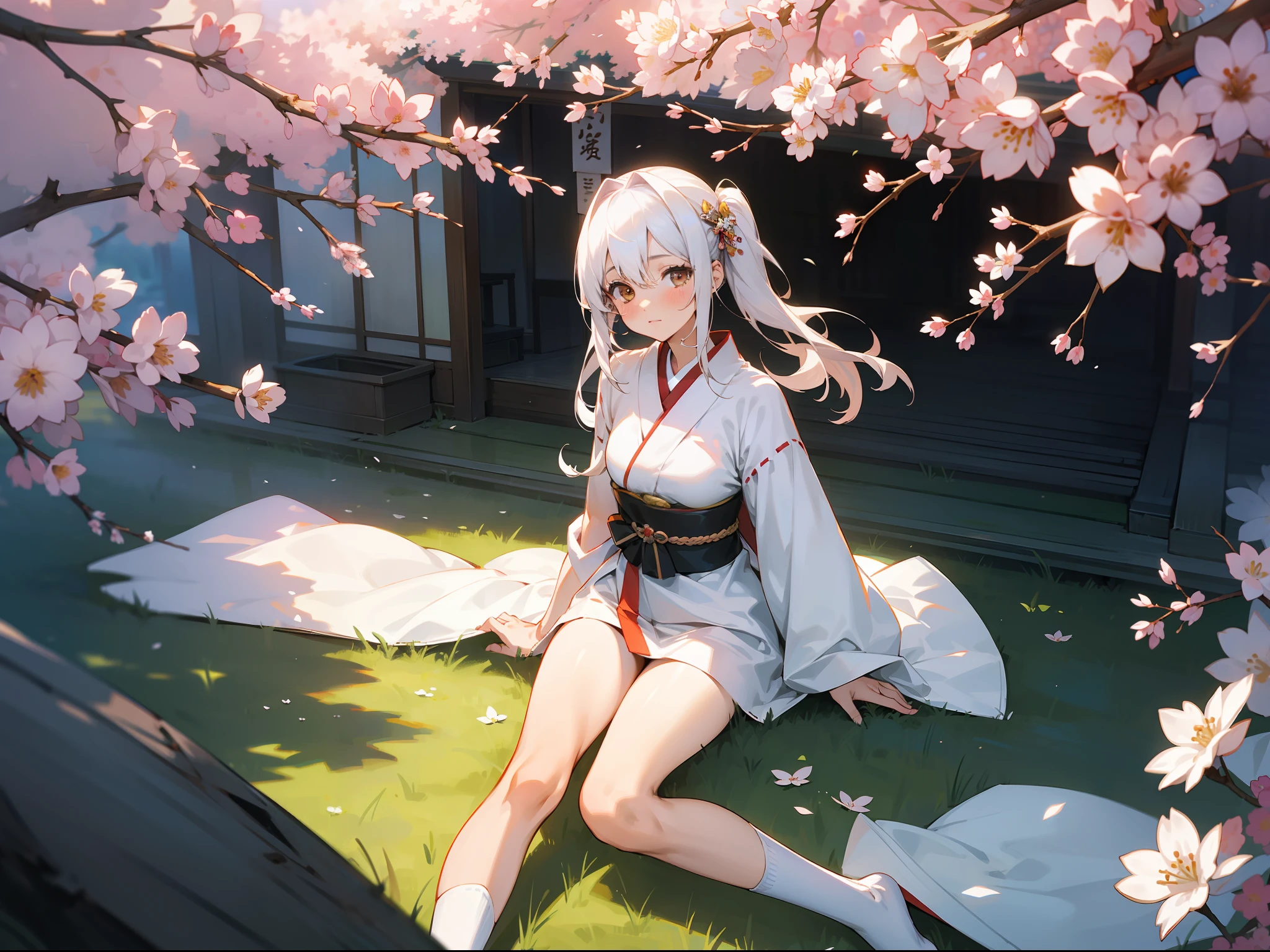 ((best qualtiy)), Beautiful portrait of a genki girl，Sweet girl，the cherry trees，exteriors，White hair，with brown eye，Bare thighs，Japanese anime，White robe，Wear flower-shaped hairpins，There are flower-shaped ornaments around the waist，Face the Japanese，White knee-length socks cover feet，adolable，Anime figure，expose feet
