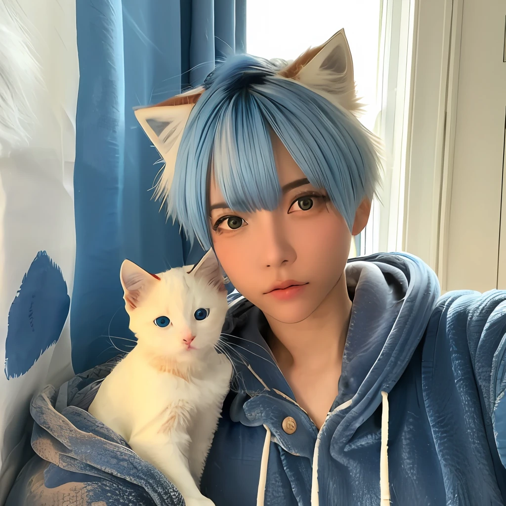 1 tomboy girl holding a white kitten, cosplay langa hasewaga, wolfcut hair, curtain bangs, blue hair, selfie pose, masculine, bedroom brown background, white hoodie, realistic
