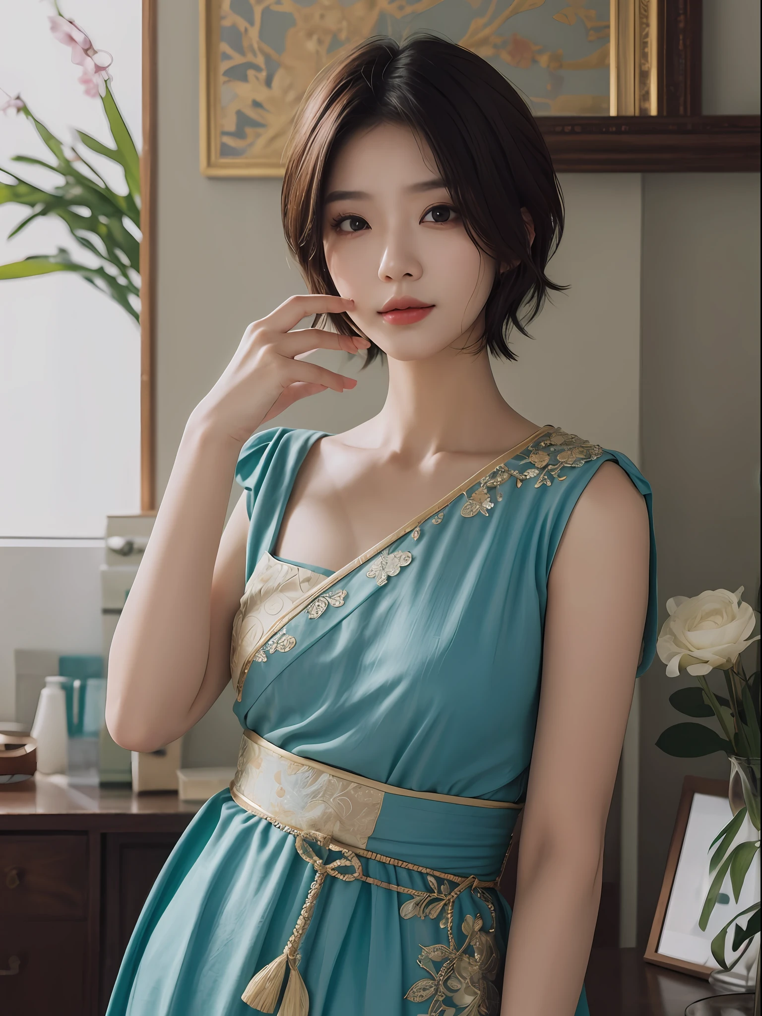 ​masterpiece、The highest image quality、hightquality、Beautuful Women、japanes、Popular Korean Makeup、detaileds、Swollen eyes、A detailed eye、Detailed skin、Beautiful skins、超A high resolution、(Realistis:1.4)、very extremely beautiful、Slightly younger face、Beautiful skins、thin-waist、(A hyper-realistic)、(illustratio)、(hight resolution)、(8K)、(ighly detailed)(The best illustrations)、(beautifully detailed eyes)、(ultra-detailliert)、(wall-paper)、(详细的脸)、looking at the viewers、fine detailed、 A detailed face、pureerosfaceace_v1、a smile、Looking straight ahead、photos realistic、Bright lighting、profetional lighting、Colorful hair color、(((very_short_hair)))、brightly lit room、painterly、picture frame