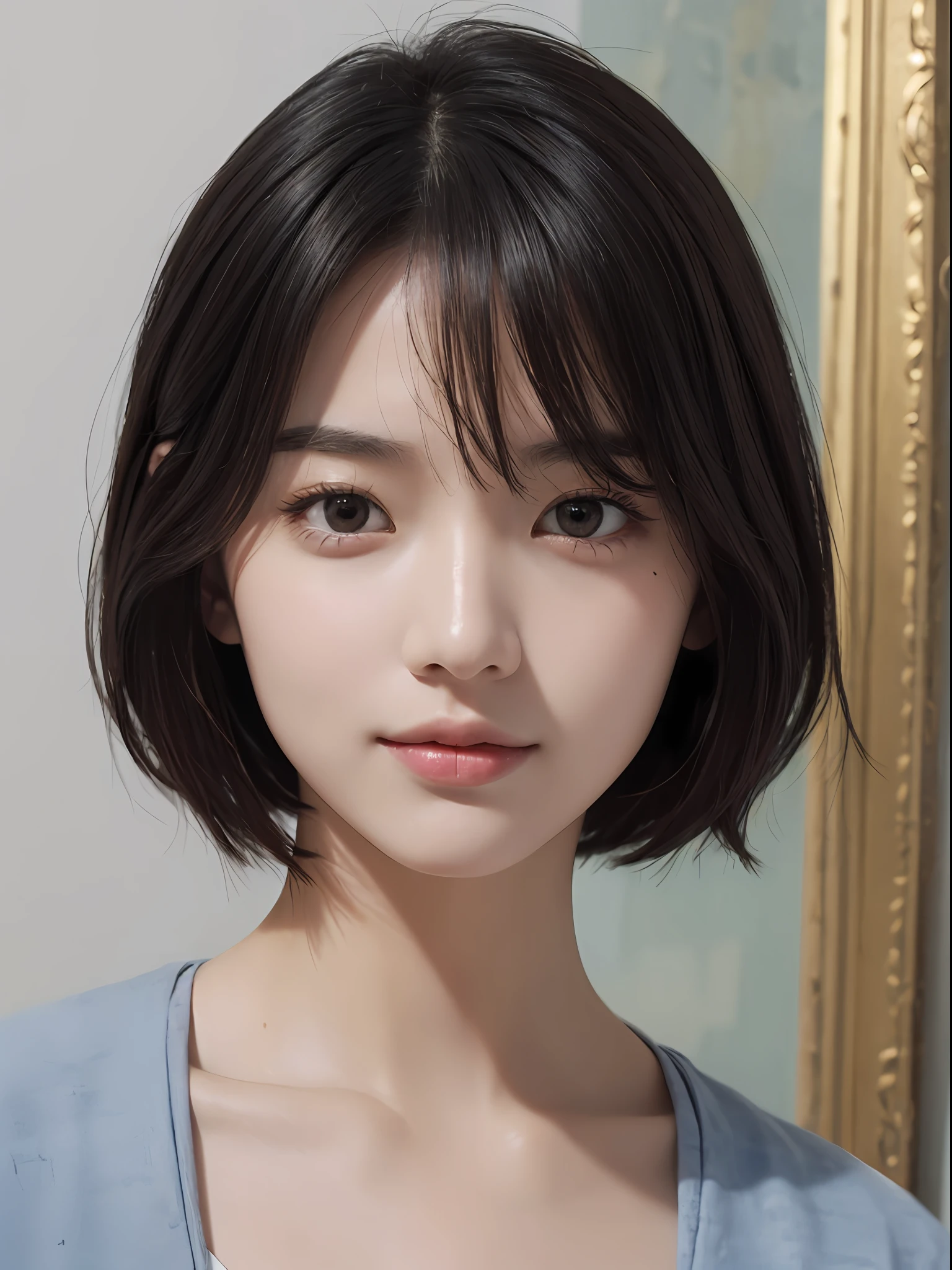 masterpiece、The highest image quality、hightquality、Beautuful Women、japanes、Popular Korean Makeup、detaileds、Swollen eyes、A detailed eye、Detailed skin、Beautiful skins、超A high resolution、(Realistis:1.4)、very extremely beautiful、Slightly younger face、Beautiful skins、thin-waist、(A hyper-realistic)、(illustratio)、(hight resolution)、(8K)、(ighly detailed)(The best illustrations)、(beautifully detailed eyes)、(ultra-detailliert)、(wall-paper)、(详细的脸)、looking at the viewers、fine detailed、 A detailed face、pureerosfaceace_v1、a smile、Looking straight ahead、photos realistic、Bright lighting、profetional lighting、Colorful hair color、(((very_short_hair)))、brightly lit room、painterly、picture frame