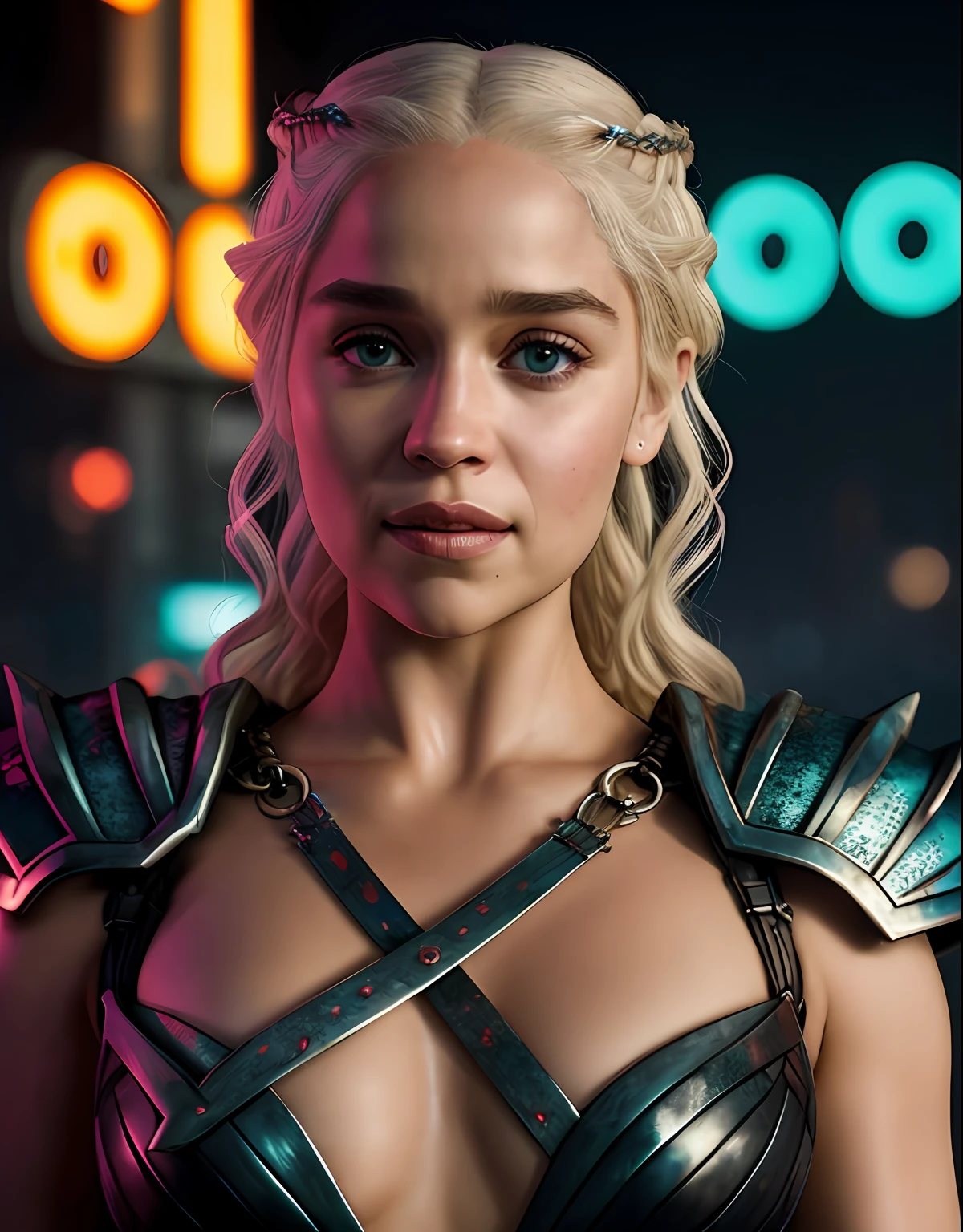 Close-up, foto crua de Daenerys Targaryen, Cidade Cyberpunk movimentada com placas de neon, altamente detalhada, arts station, liso, foco nítido, 8k, trending in instagram, Trending on Tumblr, HDR 4K, 8k