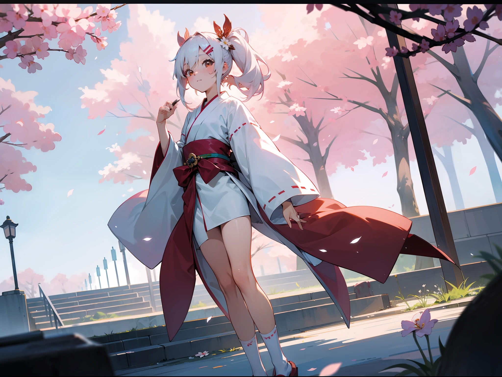 ((best qualtiy)), Beautiful portrait of a genki girl，Sweet girl，the cherry trees，exteriors，White hair，with brown eye，Bare thighs，Japanese anime，White robe，Wear flower-shaped hairpins，There are flower-shaped ornaments around the waist，Face the Japanese，White knee-length socks cover feet，adolable，Anime figure，expose feet