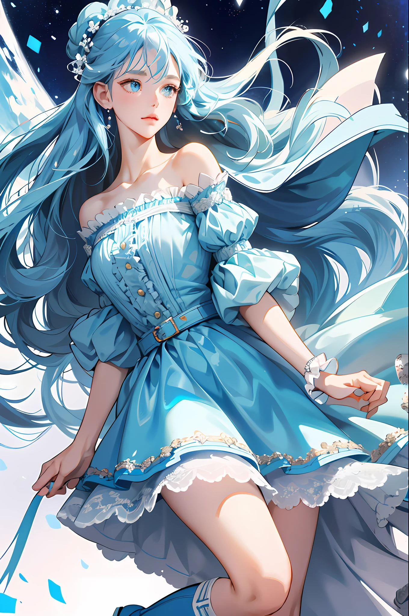 high high quality,tmasterpiece,Delicate facial features,Delicate hair,Delicate eyes,Two-dimensional girl,Long light blue hair,blue colored eyes,skirt with frills,Blue and white lace dress,Dreamy style, fantasy style clothing, The clothes are blue and white and off-the-shoulder,Blue and white belt,Short blue skirt,White socks,Blue high boots,infinite details,The proportions are correct,Picture quality HD,full bodyesbian,MagazineCover,8K high quality detailed art(Delicate facial portrayal)(Fine hair portrayal)(highest quality)(Master masterpieces)(High degree of completion)(a sense of atmosphere)8k wallpaper,tmasterpiece,Best quality at best,ultra - detailed
