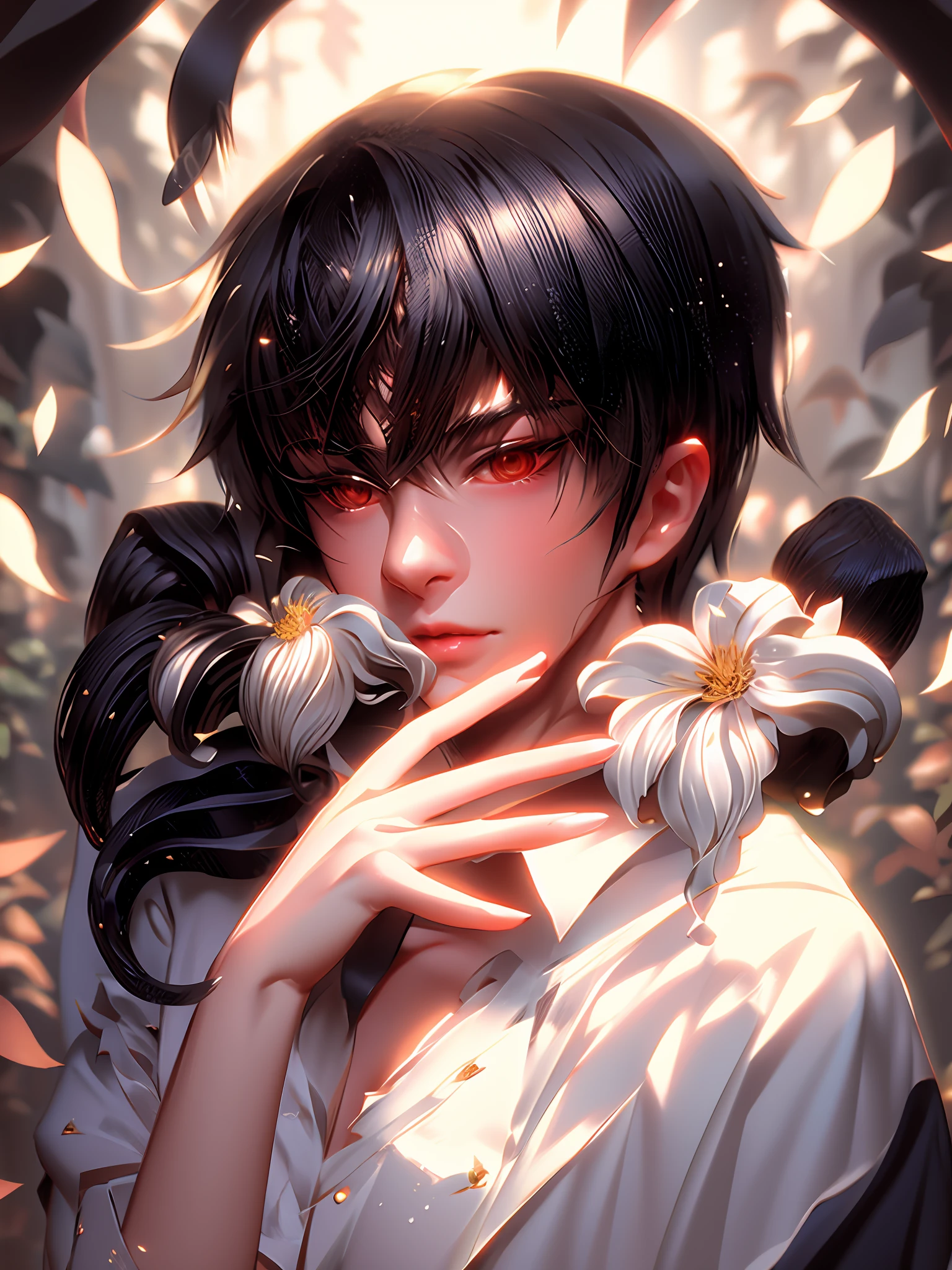 anime drawing of a woman with a flower in her hand, red irises and a slim face, handsome japanese demon boy, inspired by Okumura Masanobu, eren yeager, inspired by Bian Shoumin, soft anime illustration, zerochan art, inspired by Itō Ogura Yonesuke, by Ni Zan, by Kamagurka,, beautiful line art, detailed manga style, extremely fine ink lineart,exquisite line art, perfect lineart,exquisite line art, exquisite digital illustration, detailed digital drawing,digital anime illustration, a beautiful artwork illustration, detailed matte fantasy portrait, beautiful line art, great digital art with details, goddess. extremely high detail, 4k detailed digital art, stunning digital illustration, digital fantasy illustration,((Best quality)), ((masterpiece)), (detailed:1.4), 3D, an image of a beautiful female,HDR (High Dynamic Range),Ray Tracing,NVIDIA RTX,Super-Resolution,Unreal 5,Subsurface scattering,PBR Texturing,Post-processing,Anisotropic Filtering,Depth-of-field,Maximum clarity and sharpness,Multi-layered textures,Albedo and Specular maps,Surface shading,Accurate simulation of light-material interaction,Perfect proportions,Octane Render, Two-tone lighting,Wide aperture,Low ISO,White balance,Rule of thirds,8K RAW,subsurface scattering, best ratio of four fingers and one thumb