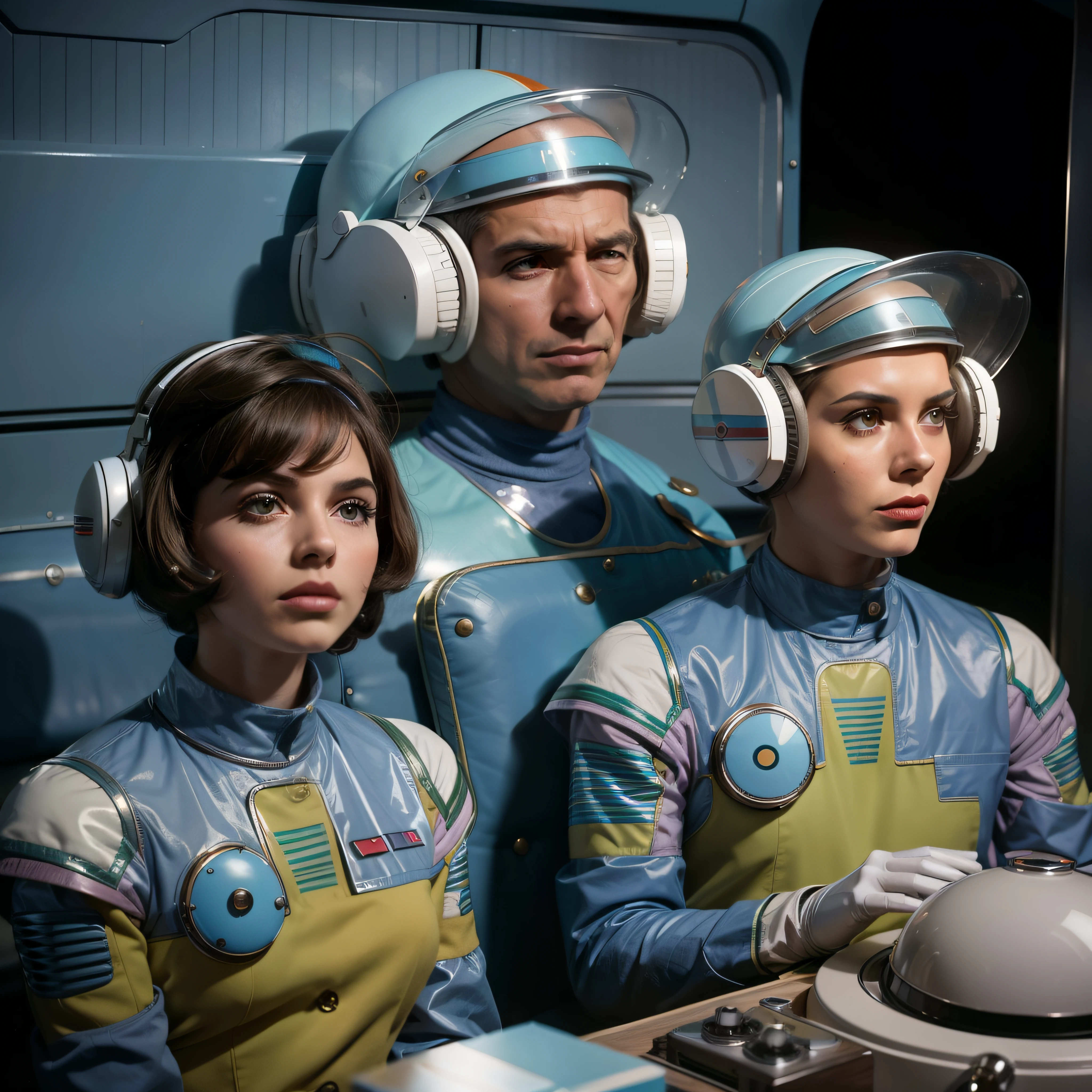 4k image from a 1960s science fiction film by Wes Anderson, Filme O Grande Hotel Budapeste, pastels colors, Young people wearing retrofuturistic alien masks and holding colorful suitcases and chests on the bus, Retro-futuristic fashion clothes from the 60s with old robots, Luz Natural, Psicodelia, futurista estranho, retro-futurista, photo-realistic, Sharp background details.