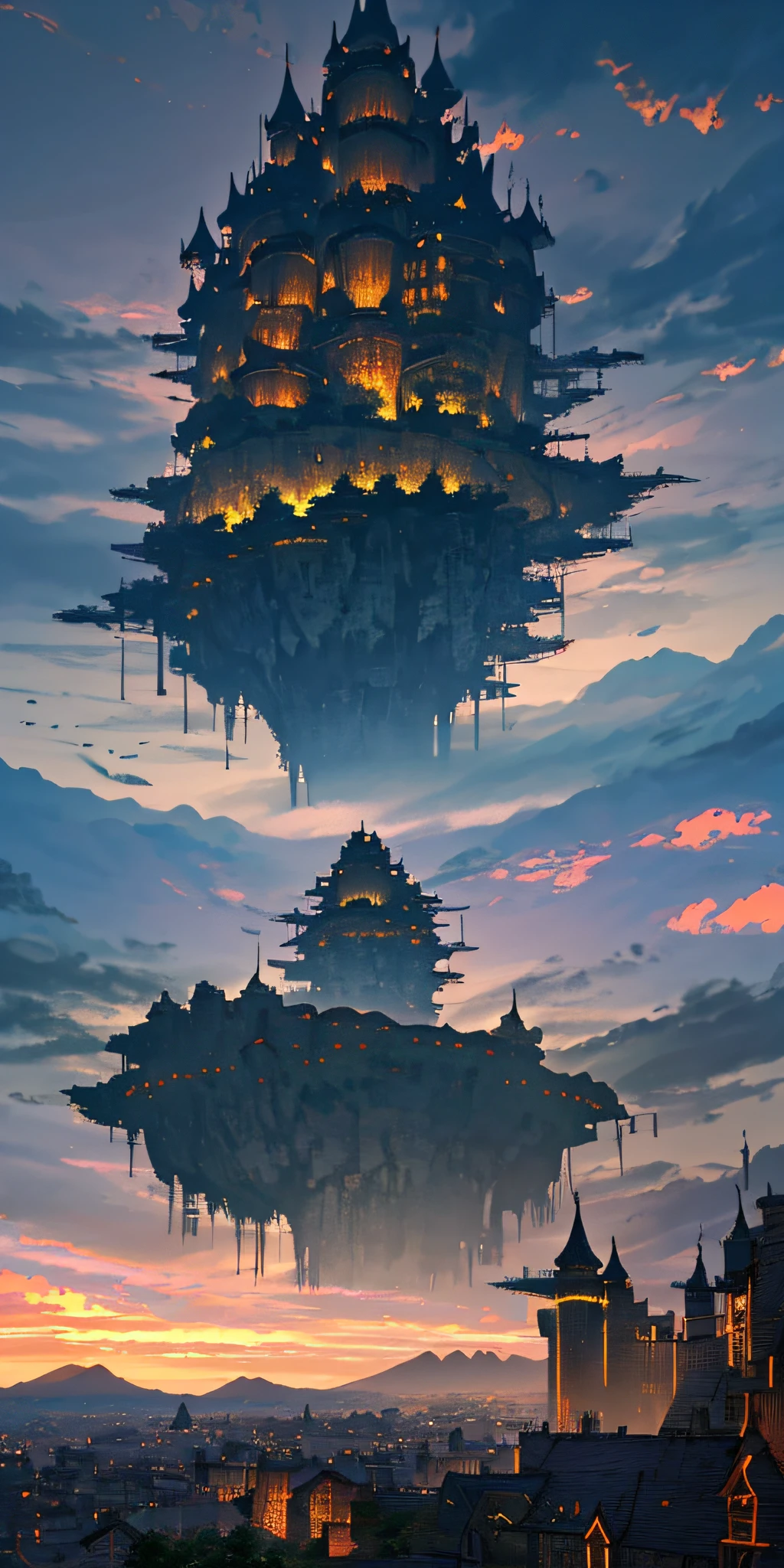 tmasterpiece，best qualtiy，（Very detailed CG unity 8k wallpaper）（best qualtiy），（Most Best Illustration），（best shadow）Nature'，ultra-detailliert ，Very dark scenery at night，Very dark and elongated shadows，Huge level structure，mountain fortress city，giant imposing steampunk tower --v6