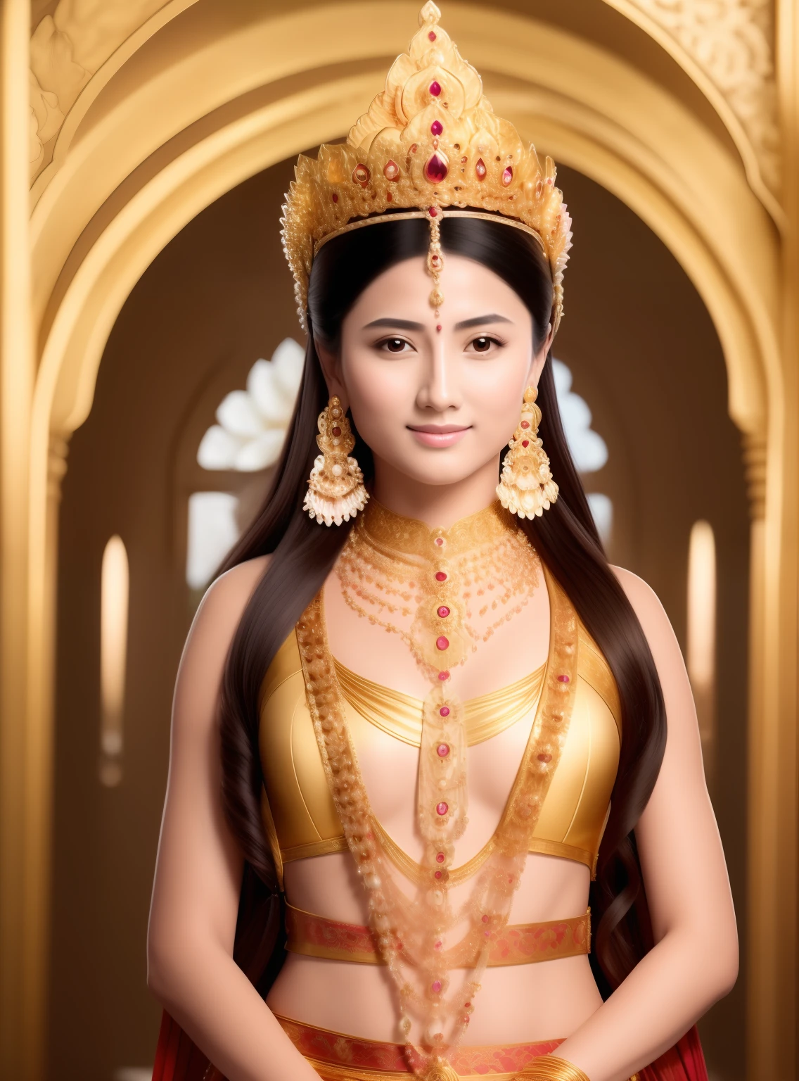 In Elysium，Beautiful 16-year-old princess sitting on a large lotus flower，Wearing a delicate gold crown，Full face，Rounded jaw，long eyebrow，largeeyes，The corners of the mouth are slightly upturned，Look at the camera with a gentle expression，A very happy face，Lotus in hand，Barefoot on both feet，Hair hanging down the shoulders，long hair flowing，The shoulder arms have streamers draped over them，choker necklace，Nobile，Yingluo，chest jewel，Armour，jewelery，Pedras preciosas，Gorgeous and noble costumes，Wear a shoulder strap over the shoulder slanted，The sky behind the character has a transparent aperture，Background of clear sky，ornate backdrop，Wonderland-like Elysium，Jewelry decorates the space，The gold plate was filled with crystal balls，Clean and ethereal picture，Pure and stain-free，Light，Clean，stately，opulent，Pure Land，8k 壁纸，Amazing Cleavage，tmasterpiece,Goddess of wealth,Venerable goddess,Beautiful dream world，Magical fantasy，