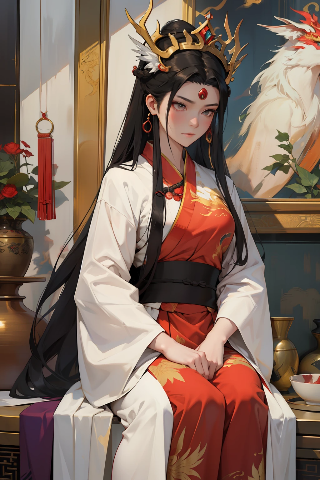 She was a female emperor,Wearing Chinese Hanfu,The clothes are big red,The whole body is dressed in traditional Chinese clothing,He has long black hair,On her head she wears a phoenix crown representing rights,tiara crown, Elegant and luxurious,The temperament of the ancient queen can be seen from her,Like Wu Zetian,She is Xiao Wei in the painting skin,fox demon,There are ghosts around,Draw a full-body image