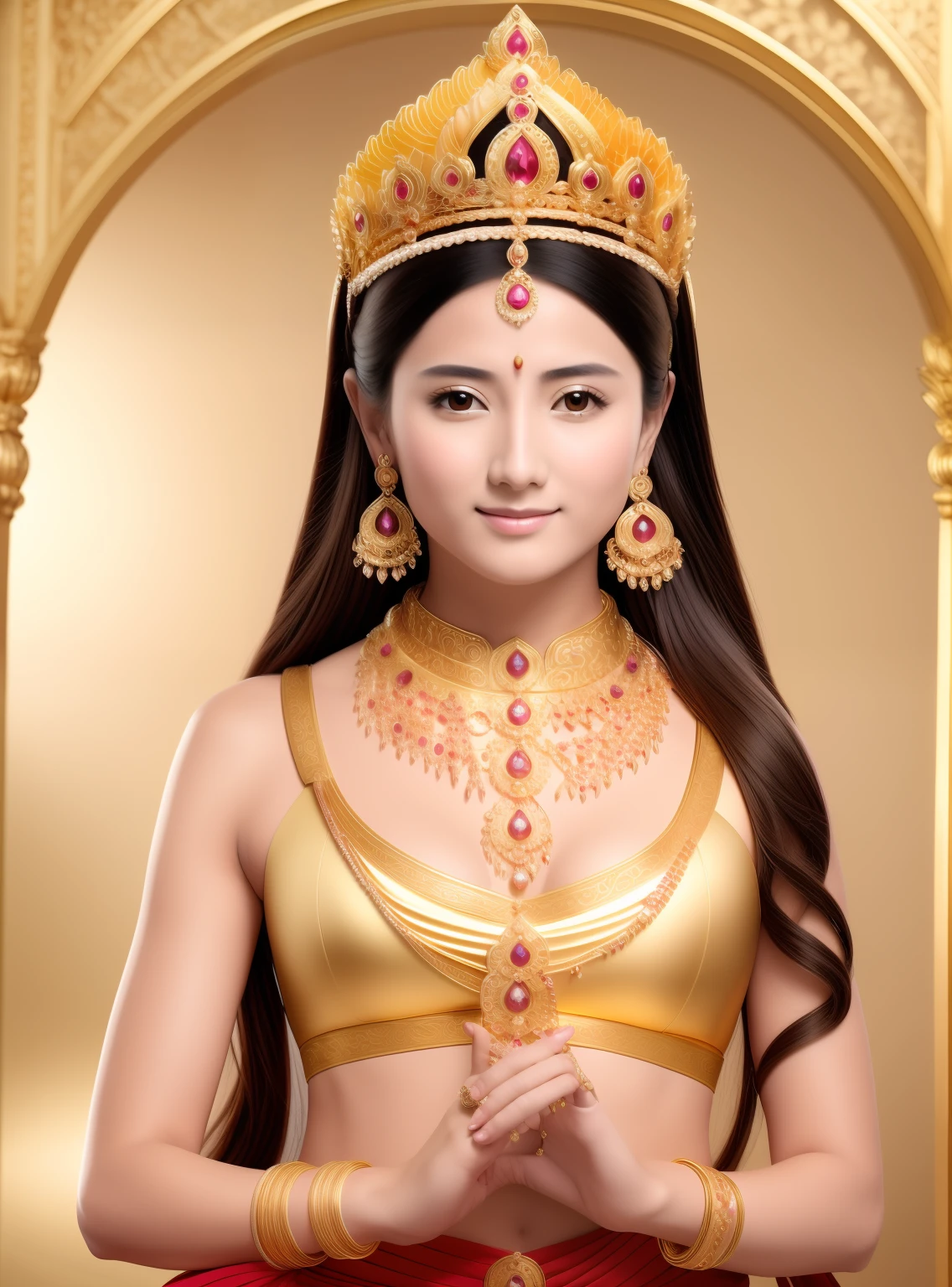 In Elysium，Beautiful 16-year-old princess sitting on a large lotus flower，Wearing a delicate gold crown，Full face，Rounded jaw，long eyebrow，largeeyes，The corners of the mouth are slightly upturned，Look at the camera with a gentle expression，A very happy face，Lotus in hand，Barefoot on both feet，Hair hanging down the shoulders，long hair flowing，The shoulder arms have streamers draped over them，choker necklace，Nobile，Yingluo，chest jewel，Armour，jewelery，Pedras preciosas，Gorgeous and noble costumes，Wear a shoulder strap over the shoulder slanted，The sky behind the character has a transparent aperture，Background of clear sky，ornate backdrop，Wonderland-like Elysium，Jewelry decorates the space，The gold plate was filled with crystal balls，Clean and ethereal picture，Pure and stain-free，Light，Clean，stately，opulent，Pure Land，8k 壁纸，Amazing Cleavage，tmasterpiece,Goddess of wealth,Venerable goddess,Beautiful dream world，Magical fantasy，