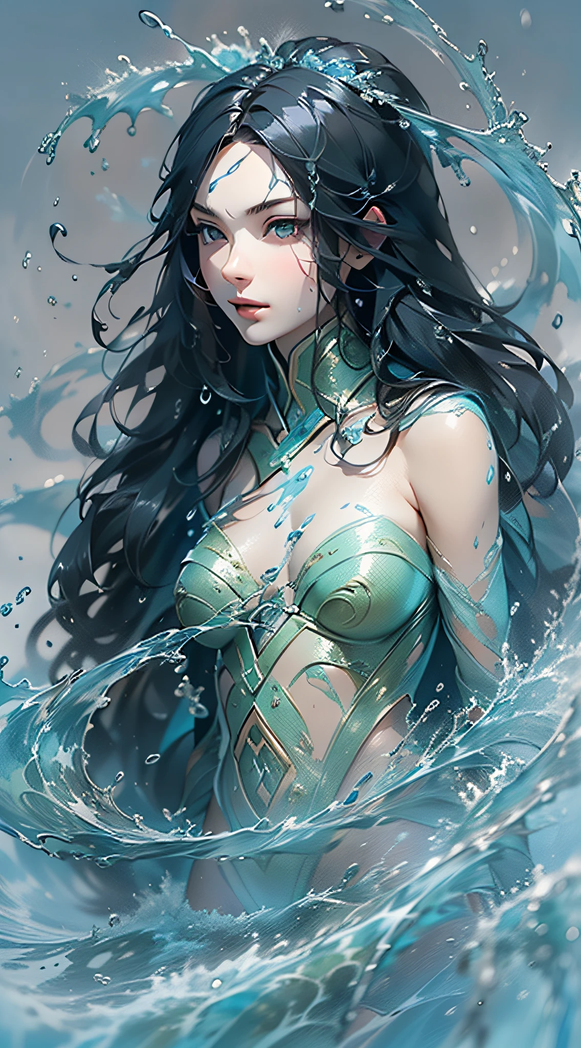 ((A beautiful maiden with long black hair who manipulates water creates an exact same appearance as herself with a mass of water)):1.8、(full bodyesbian):1.5、((Making a human figure out of a slime-like body of water)):1.8、​masterpiece、realisitic