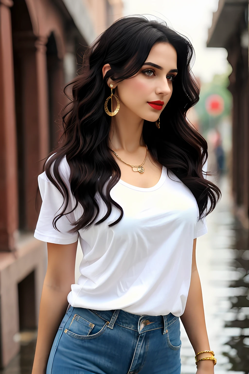 Wavy short black hair, (RAW photo, realism: 1.8), (dark lip gloss, light red lipstick, many eyelashes, dark black eye shadow, shy, blushing, high quality, high resolution, depth of field, chromatic aberration, caustic, wide light, natural colors, 30 year old woman), neck chain, earrings, bracelets, wear many accessories, very soft large toned breasts, style A good woman,
((Best Quality, 8k, Masterpiece:1.3)), Focus: 1.2, Perfect Body Beauty: 1.4, Arabian 30 years old woman: 1.2, ((short weavy Hair)), (Black Baggy basic tee-shirt:1.1) , basic full body length tee-shirt, blue torn skinny jeans, long jeans: 1.1, Highly detailed face and skin texture, Detailed eyes, Double eyelids, toned body, Whitened skin, minor smile, large breasts, toned legs, beautiful detailed feets, long heel's, detailed feets and fingers, perfect feet's, whitened skin, detailed sharp eyes and face, middle eastern woman, baggy basic tee-shirt, simple plain Baggy Tee-shirt, toned hips, 8K UHD, neck gold chain, model looks, standing outside at Punjab University, Lahore Pakistan, carrying brown leather hand bag, rainy weather, dark clouds, wearing wrist watch, bracelet, bangle's open legs style Posing, rainy atmosphere, Lahore city, Pakistan,