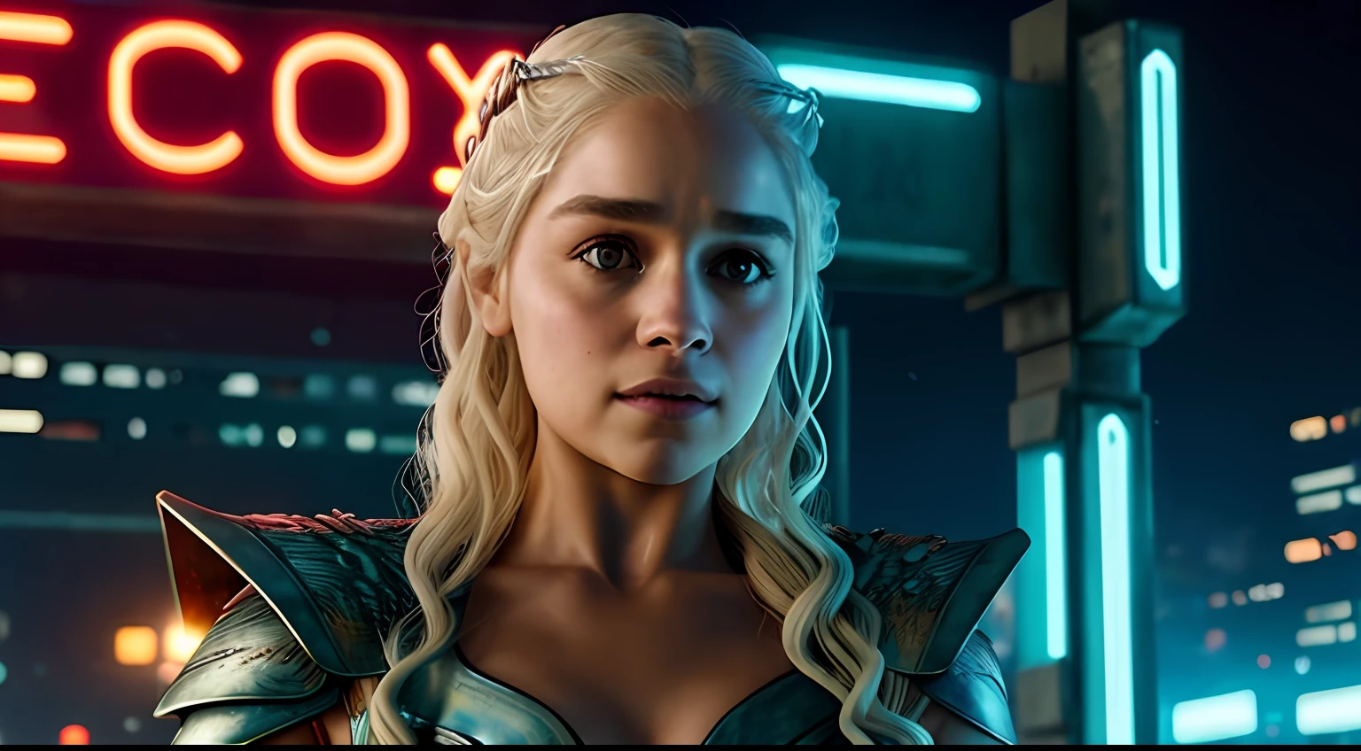 Close-up, foto crua de Daenerys Targaryen, Cidade Cyberpunk movimentada com placas de neon, altamente detalhada, arts station, liso, foco nítido, 8k, trending in instagram, Trending on Tumblr, HDR 4K, 8k