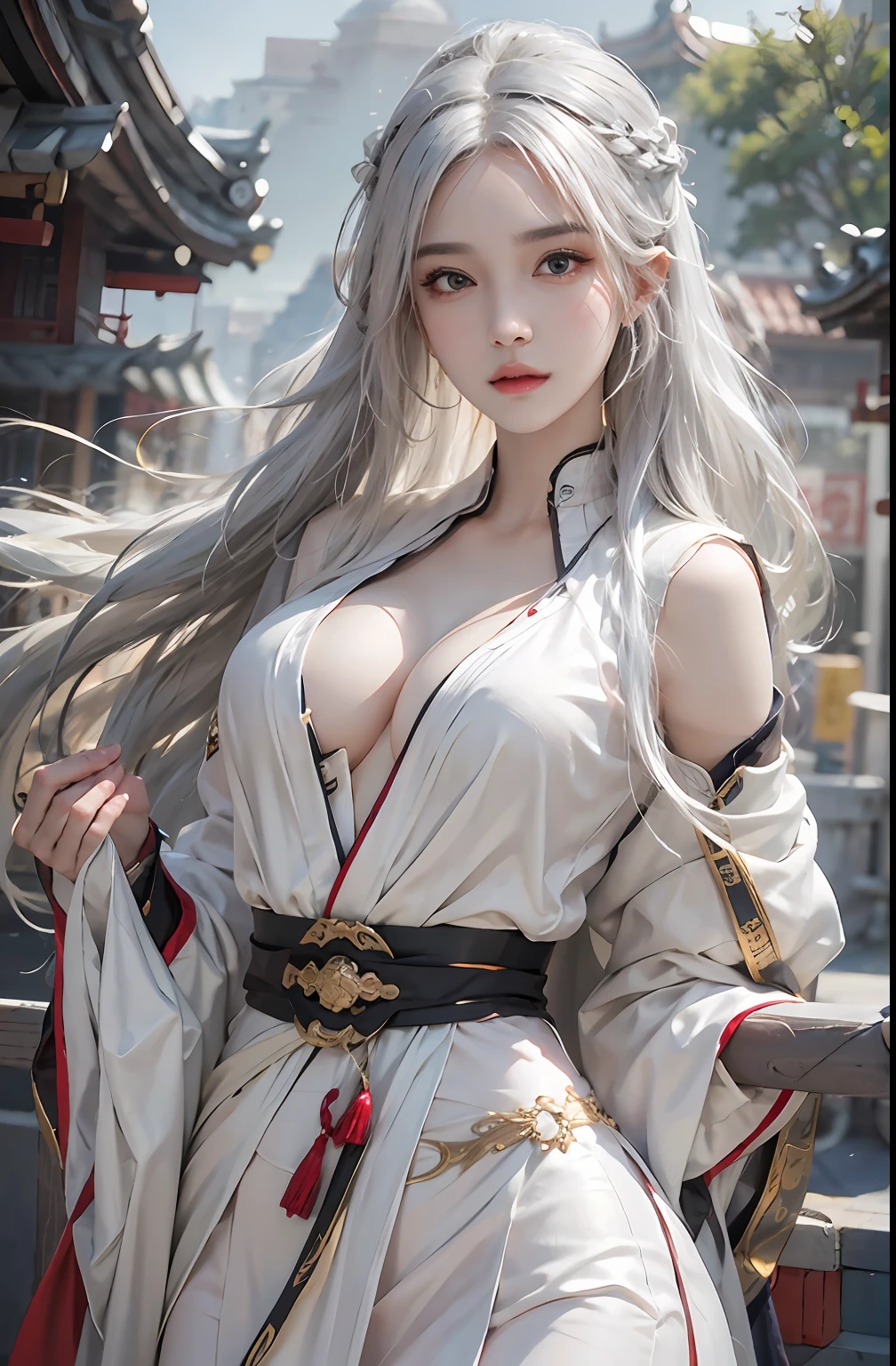 photorealistic, high resolution, 1women, solo, hips up, look at viewer, (detailed face), white hair, long hair, medium breasts, Taoist,Chinese immortal clothes
