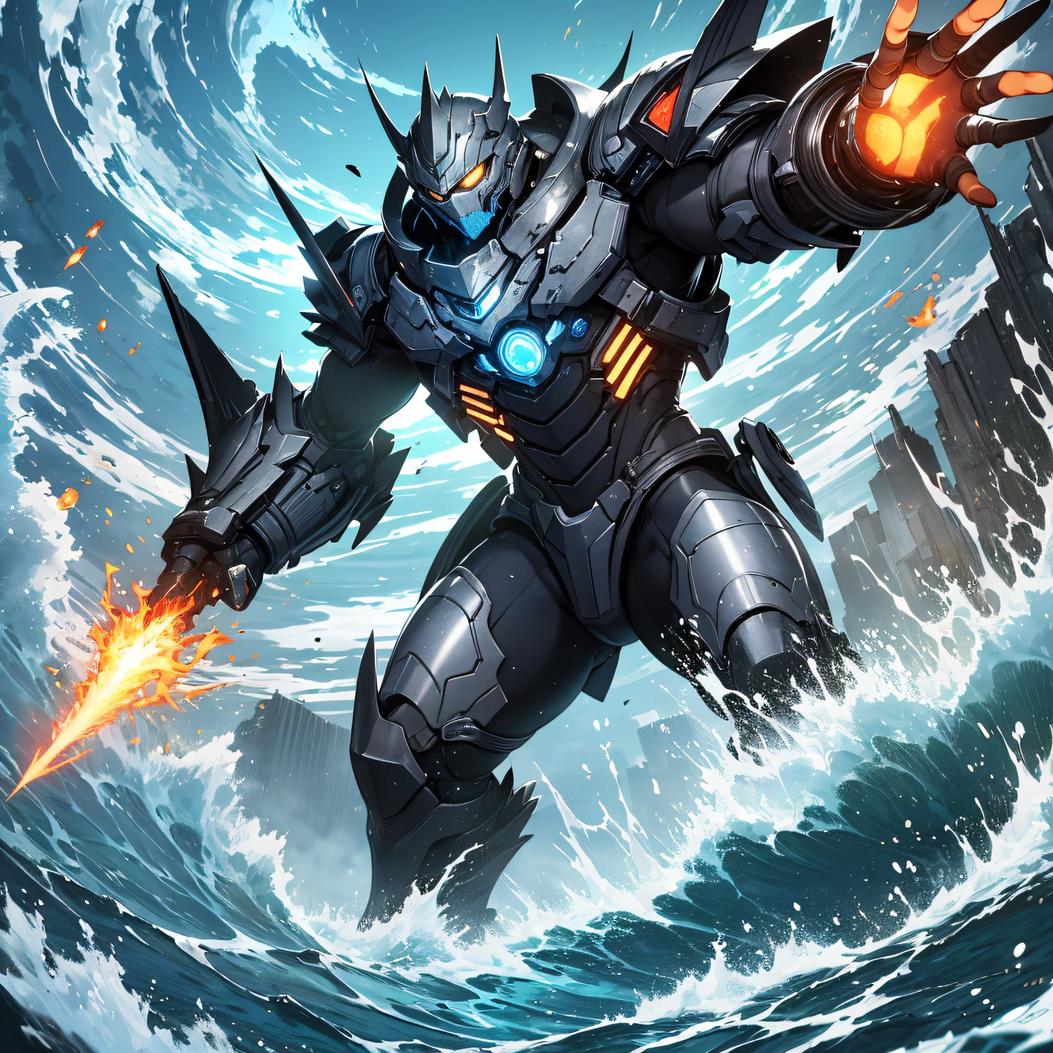 Ridiculous resolution,A high resolution,(tmasterpiece:1.4),Hyper-detailing,Underwater world,Blue mechanical titan giant,charging up,advance,swimmning,combat state,shock,blasts,Red,Jump attack action(1.3),blasts